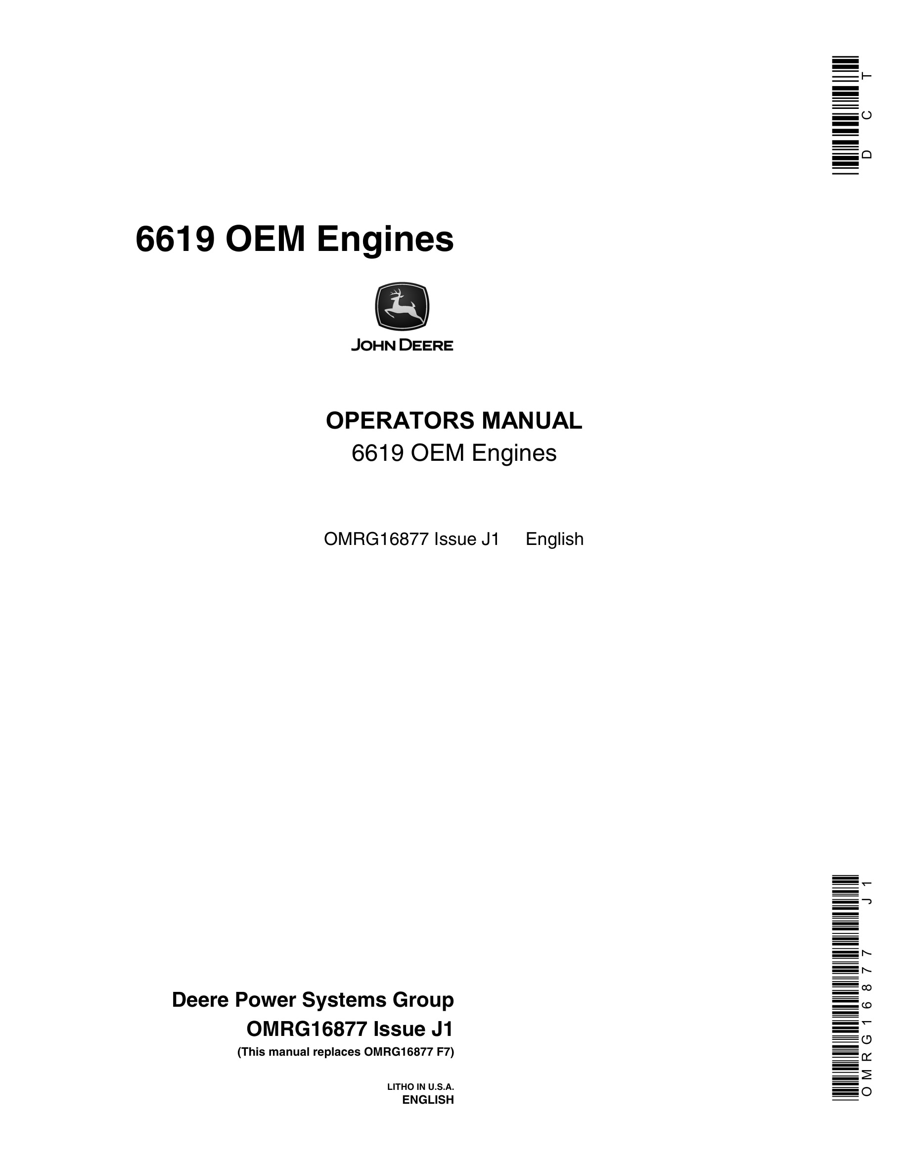 John Deere PowerTech 6619 OEM Engines Operator Manual OMRG16877-1