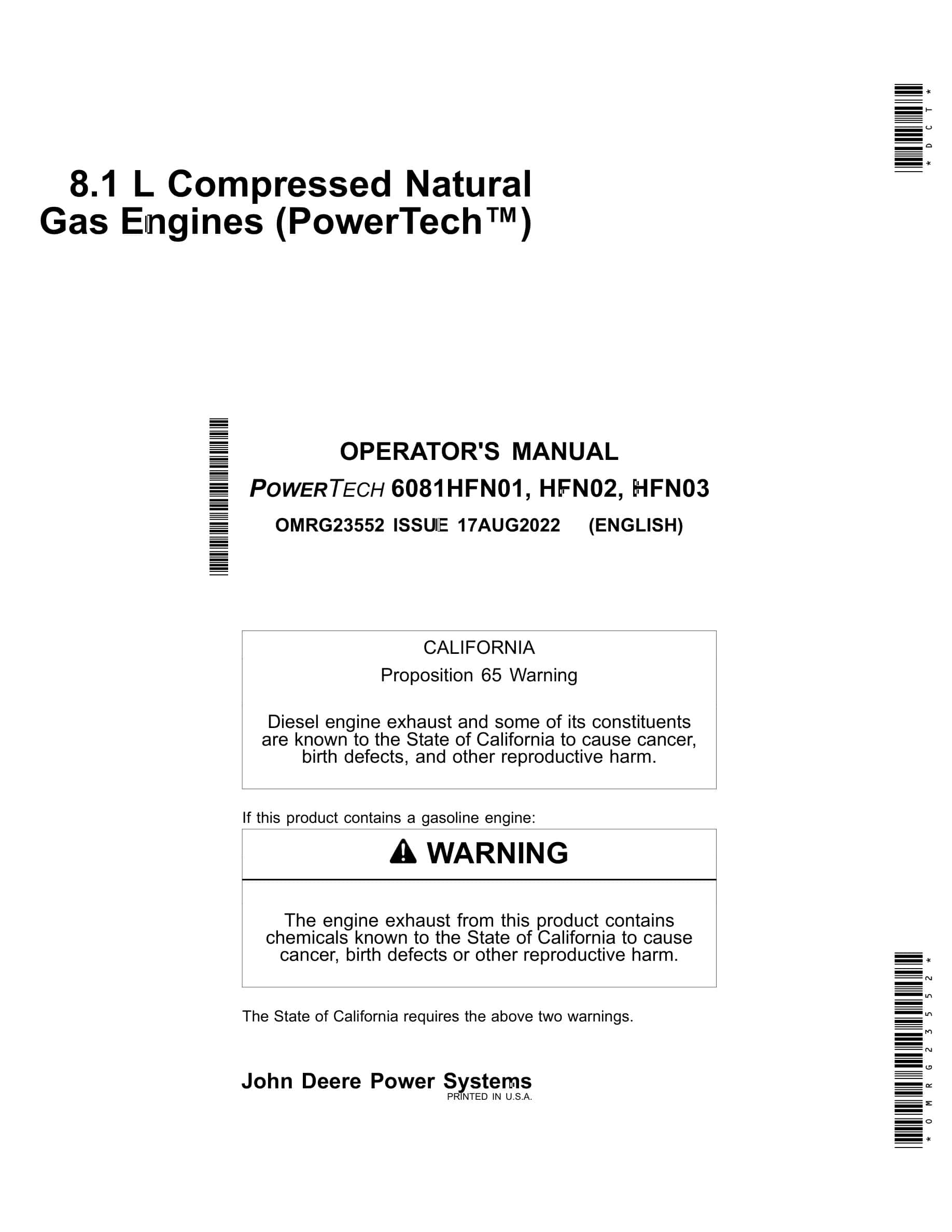 John Deere PowerTech 8.1 L 6081HFN01, HFN02, HFN03 Compressed Natural Gas Engines Operator Manual OMRG23552-1