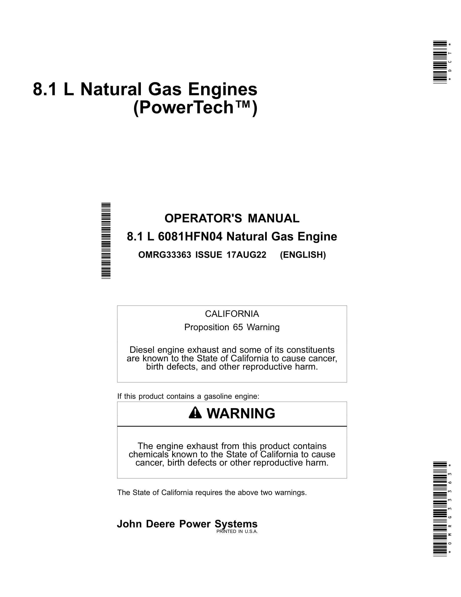 John Deere PowerTech 8.1 L 6081HFN04 Natural Gas Engine Operator Manual OMRG33363-1