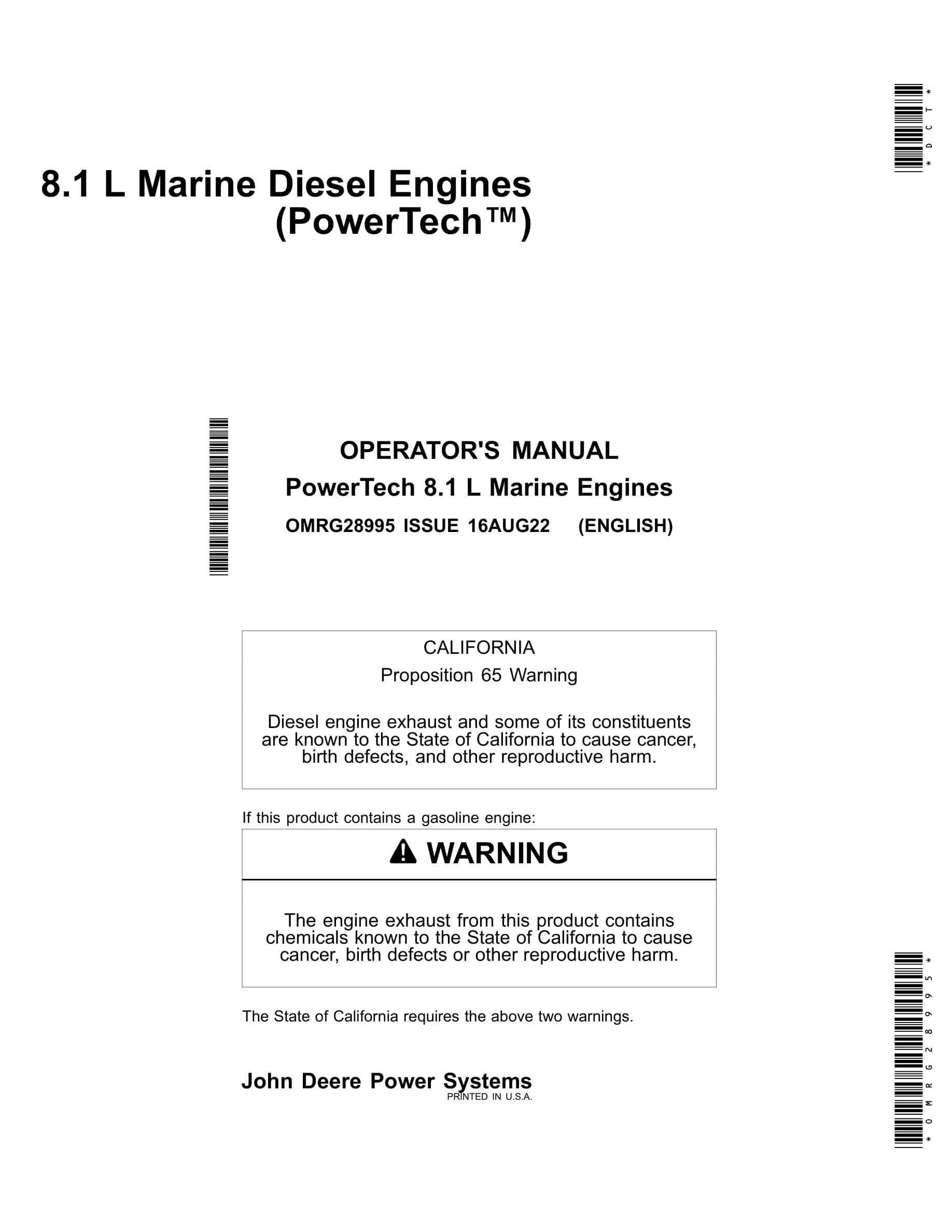 John Deere PowerTech 8.1 L Marine Diesel Engines Operator Manual OMRG28995-1