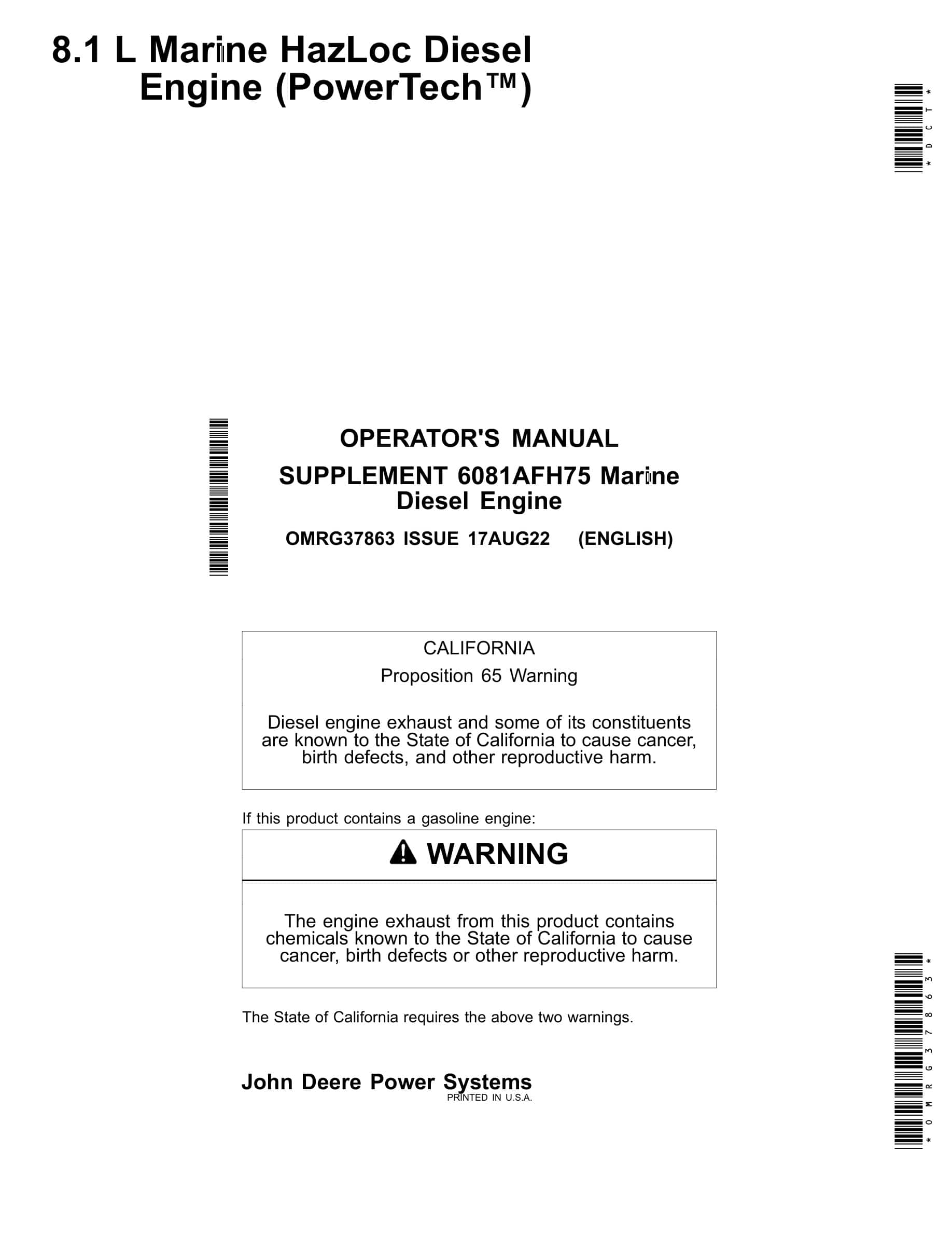 John Deere PowerTech 8.1 L SUPPLEMENT 6081AFH75 Marine HazLoc Diesel Engine Operator Manual OMRG37863-1