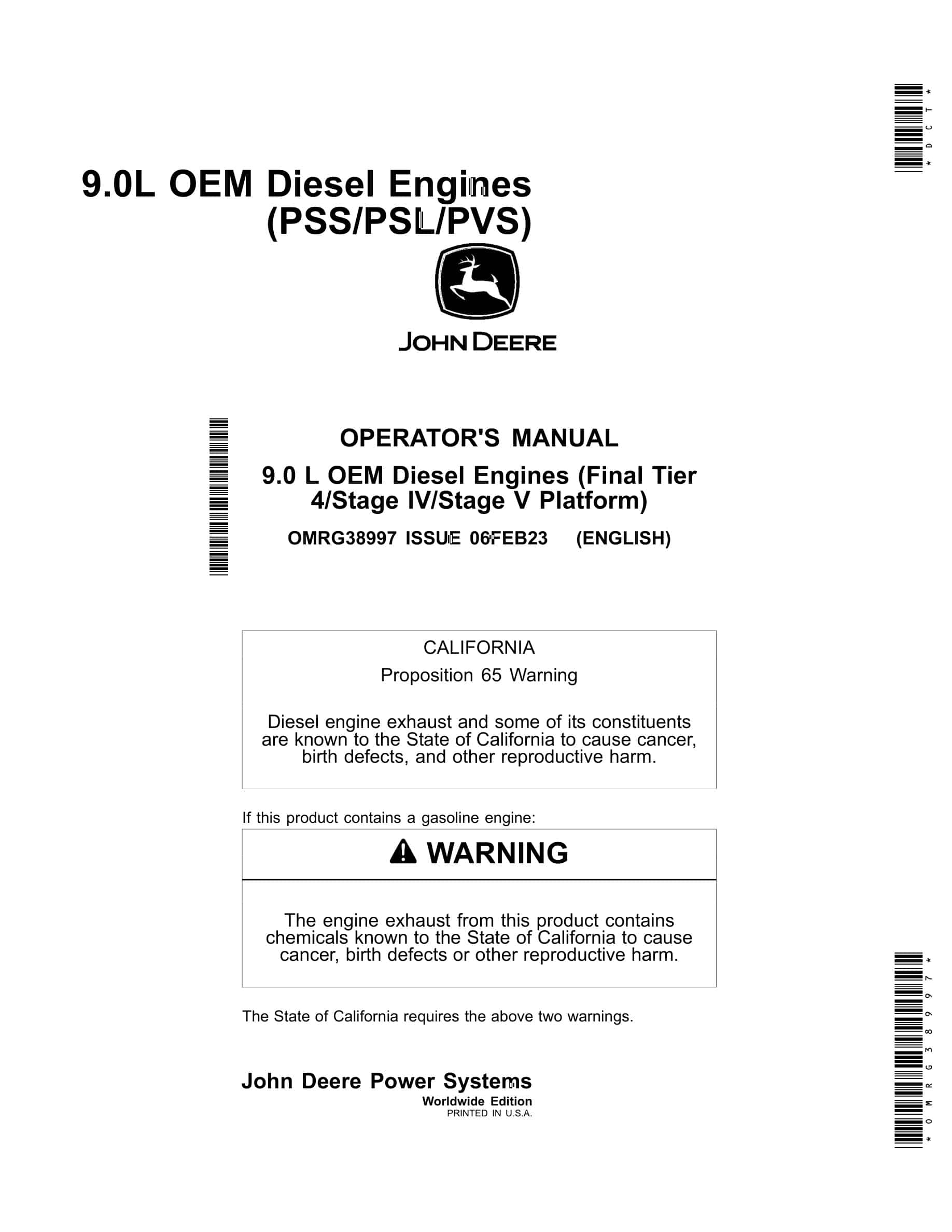 John Deere PowerTech 9.0 L OEM (Final Tier 4 Stage IV Stage V Platform) Diesel Engines Operator Manual OMRG38997-1