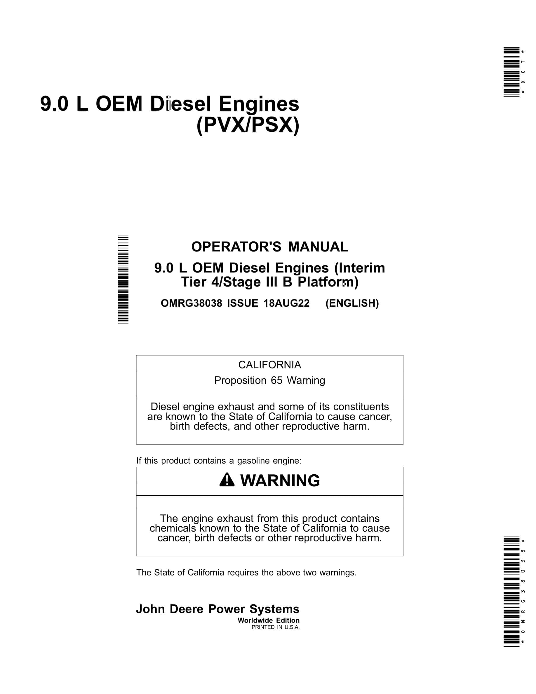 John Deere PowerTech 9.0 L OEM (Interim Tier 4 Stage III B Platform) Diesel Engines Operator Manual OMRG38038-1
