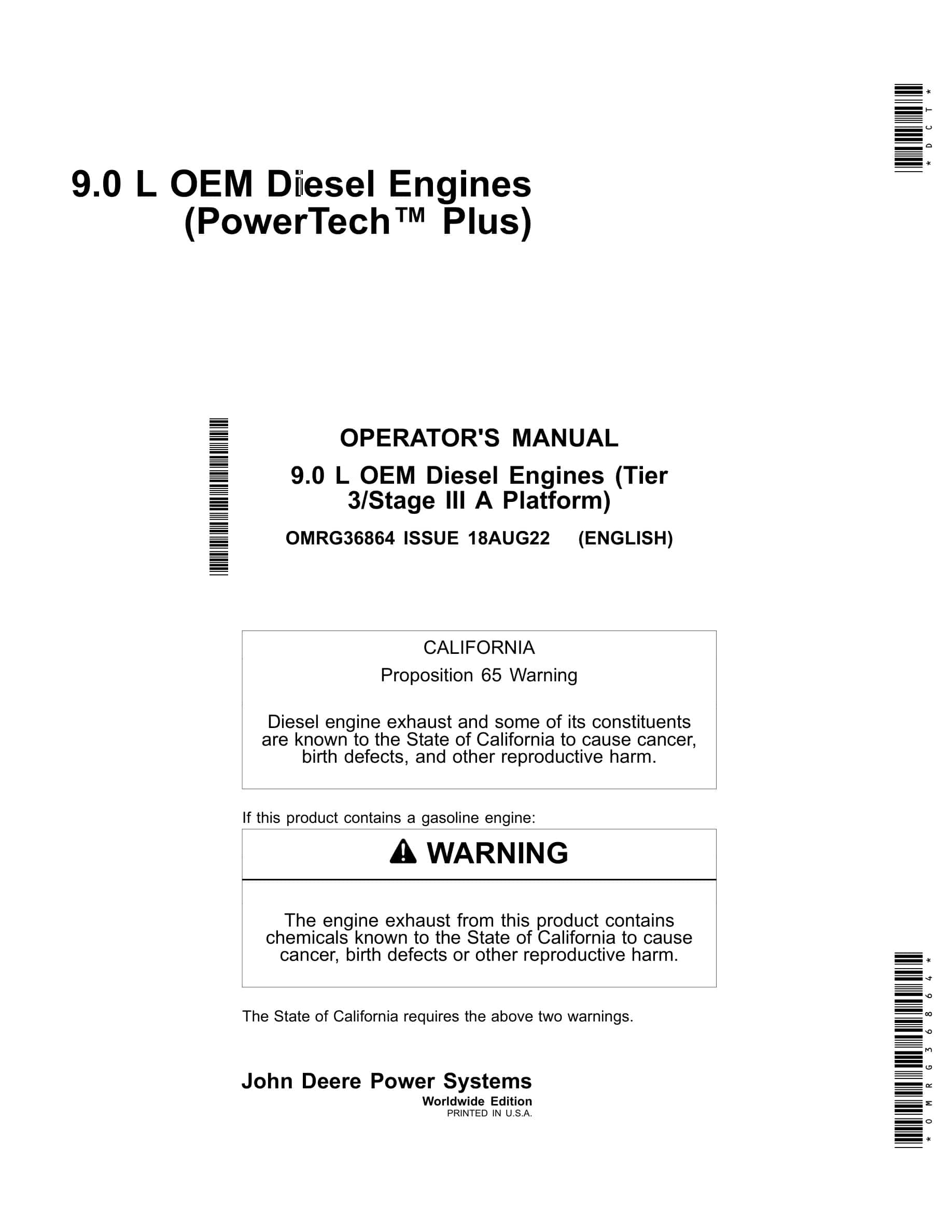 John Deere PowerTech 9.0 L OEM (Tier 3 Stage III A Platform) Diesel Engines Operator Manual OMRG36864-1
