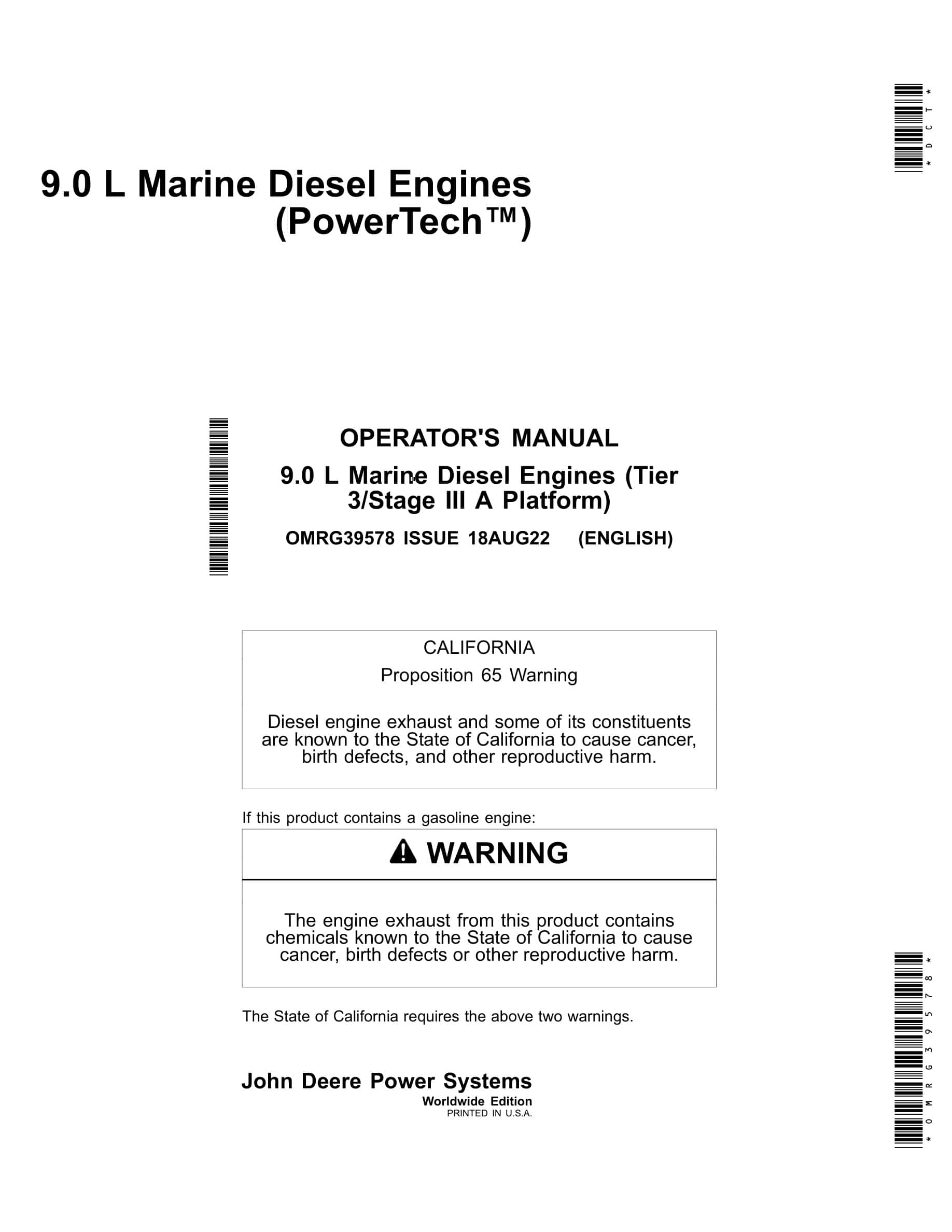 John Deere PowerTech 9.0 L (Tier 3 Stage III A Platform) Marine Diesel Engines Operator Manual OMRG39578-1