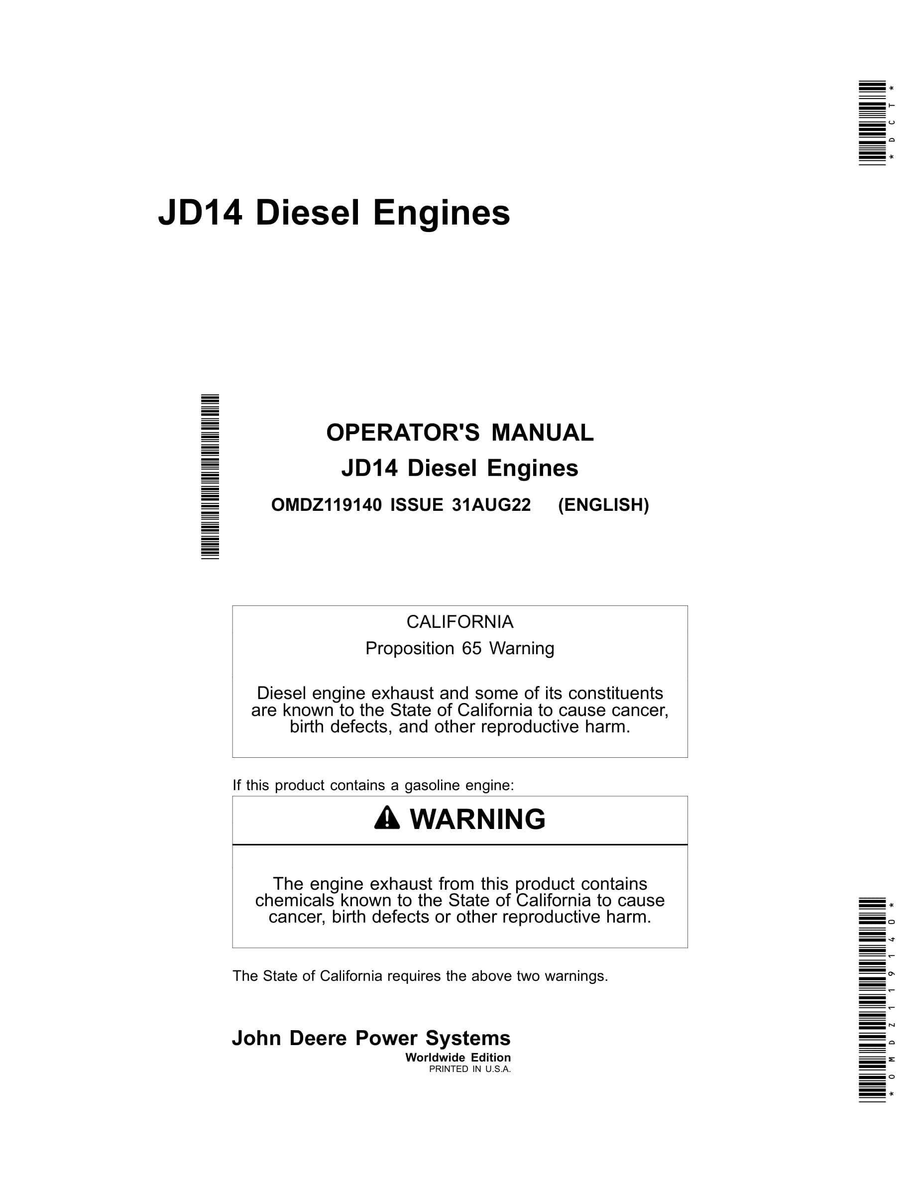 John Deere PowerTech JD14 Diesel Engines Operator Manual OMDZ119140-1
