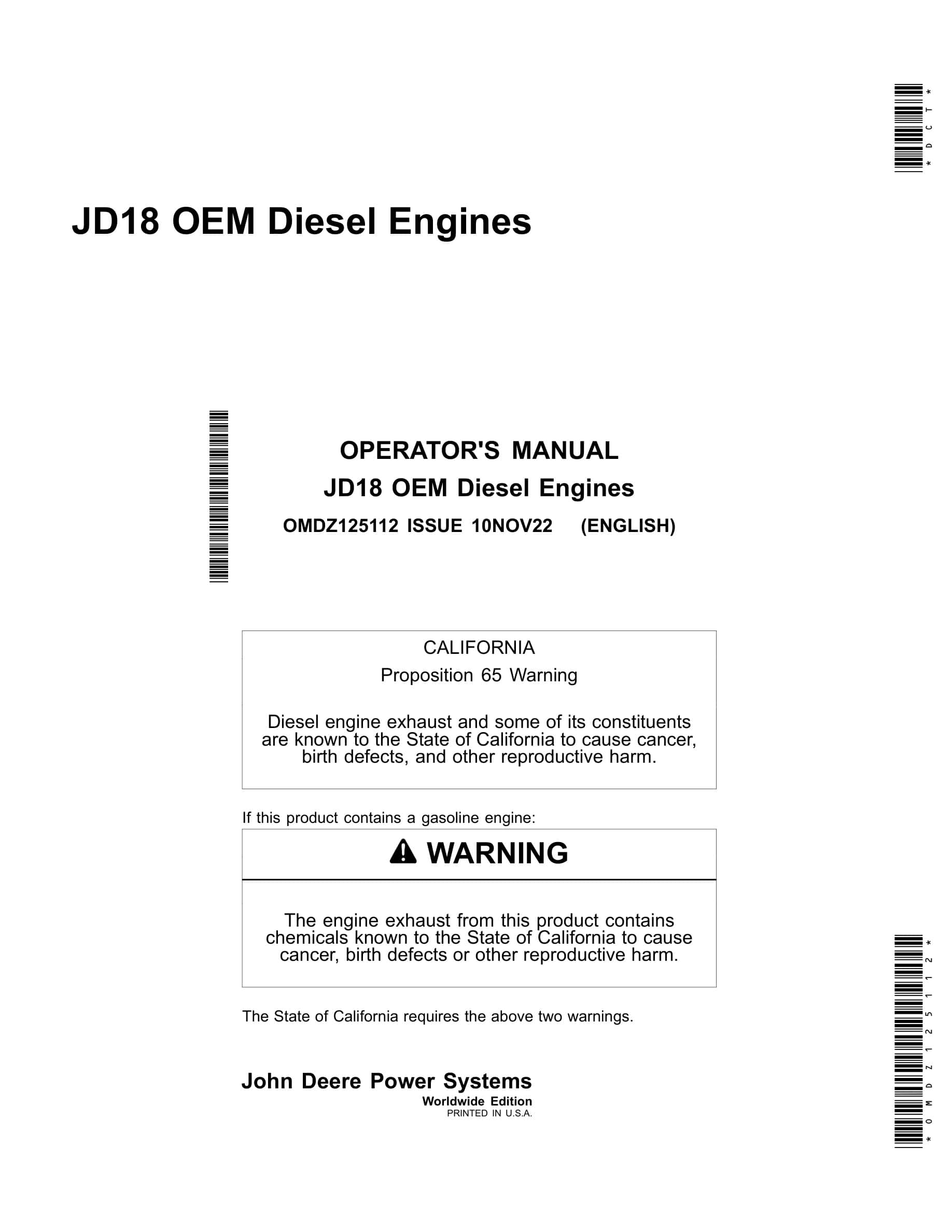 John Deere PowerTech JD18 OEM Diesel Engines Operator Manual OMDZ125112-1