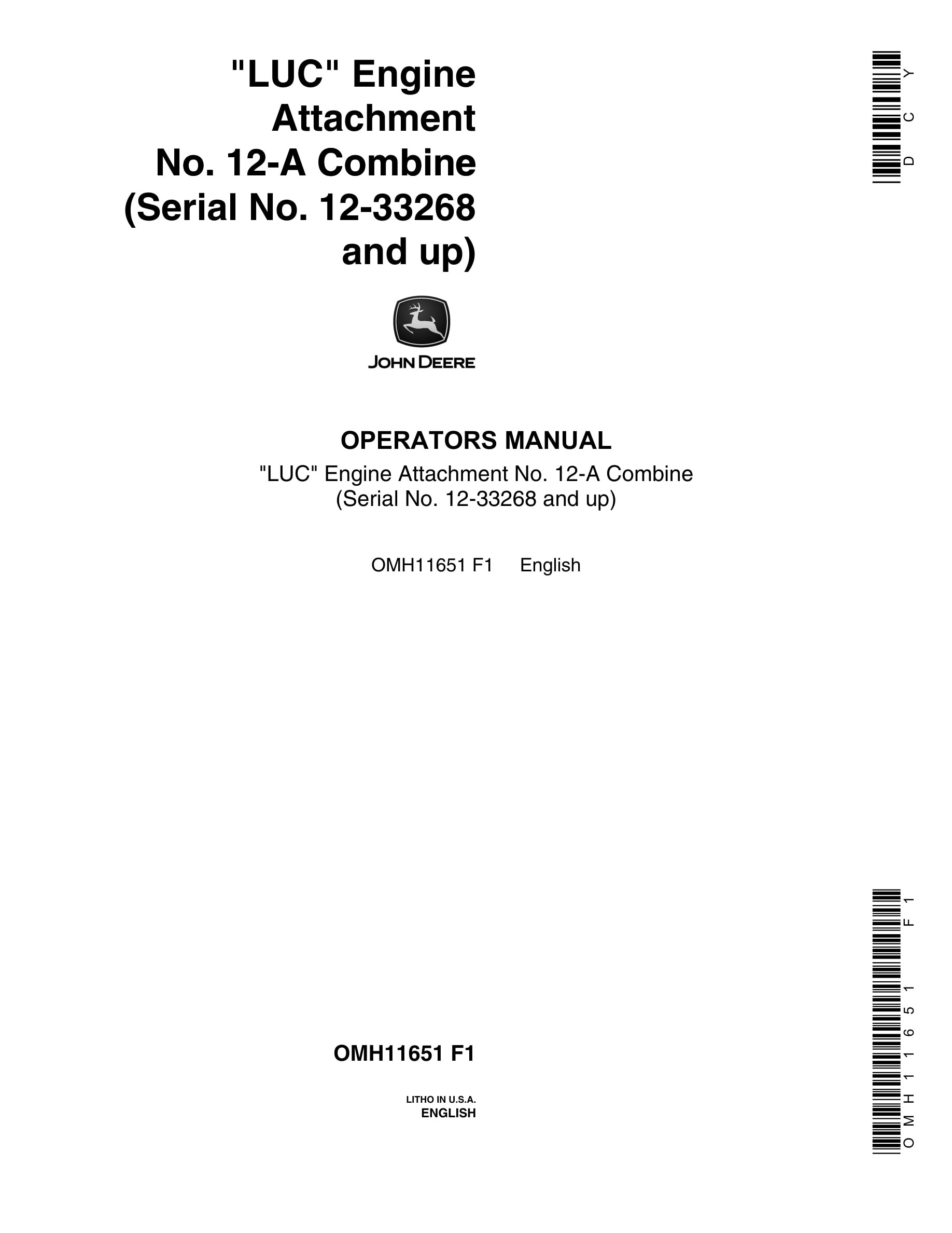 John Deere PowerTech LUC Engine Attachment No.12-A Combine Operator Manual OMH11651-1
