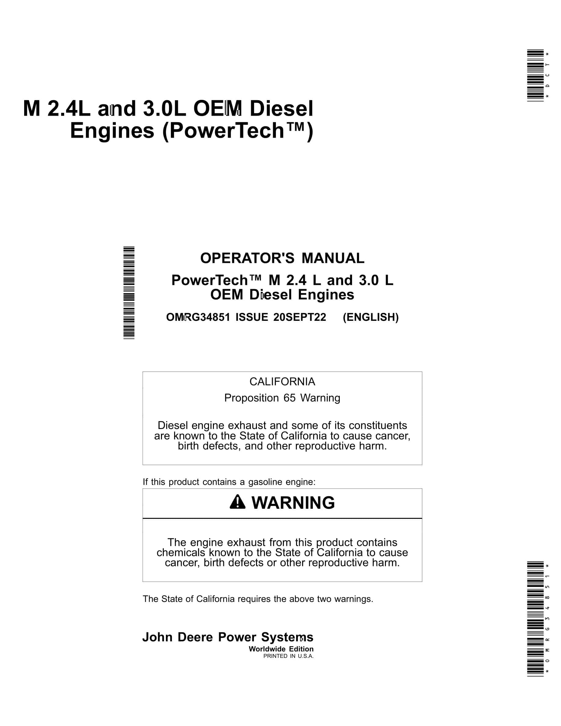John Deere PowerTech M 2.4 L and 3.0 L OEM Diesel Engines Operator Manual OMRG34851-1