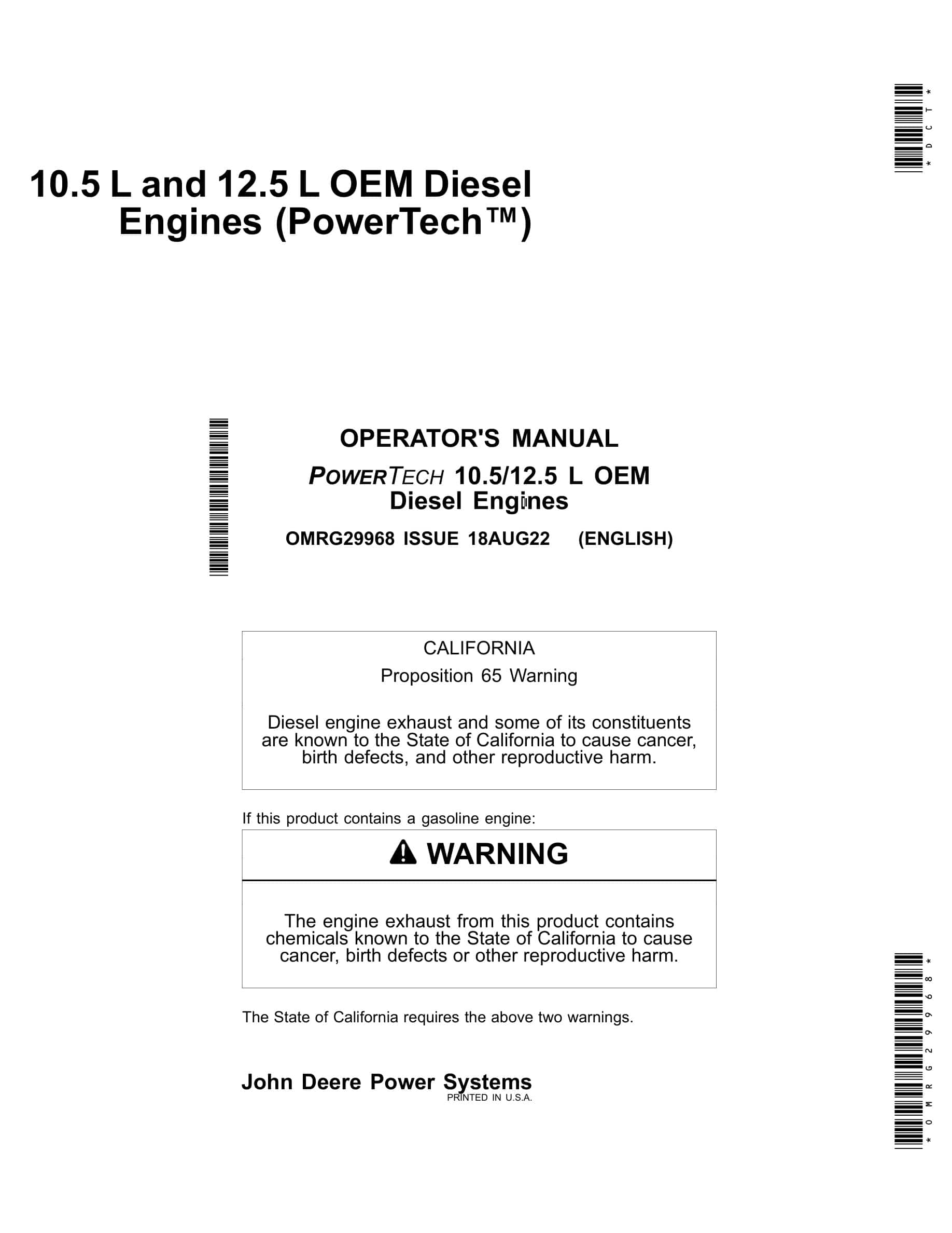 John Deere PowerTech POWERTECH 10.5 12.5 L OEM Diesel Engines Operator Manual OMRG29968-1
