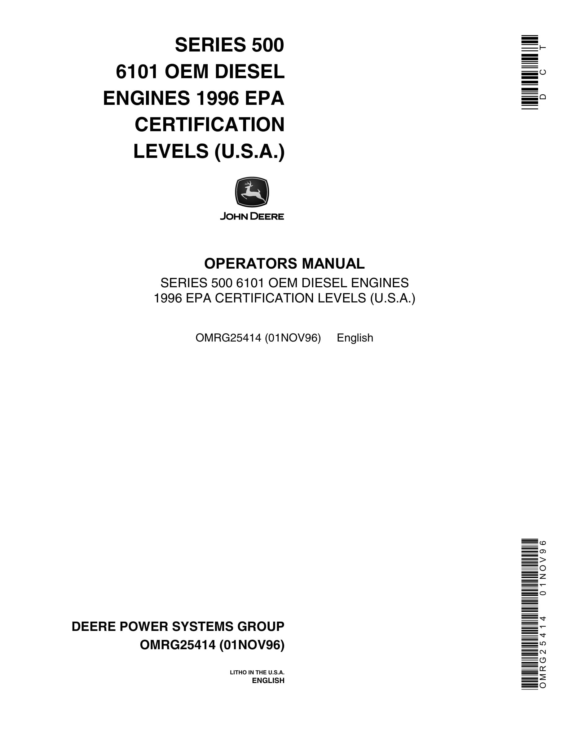 John Deere PowerTech SERIES 500 6101 OEM DIESEL ENGINES Operator Manual OMRG25414-1