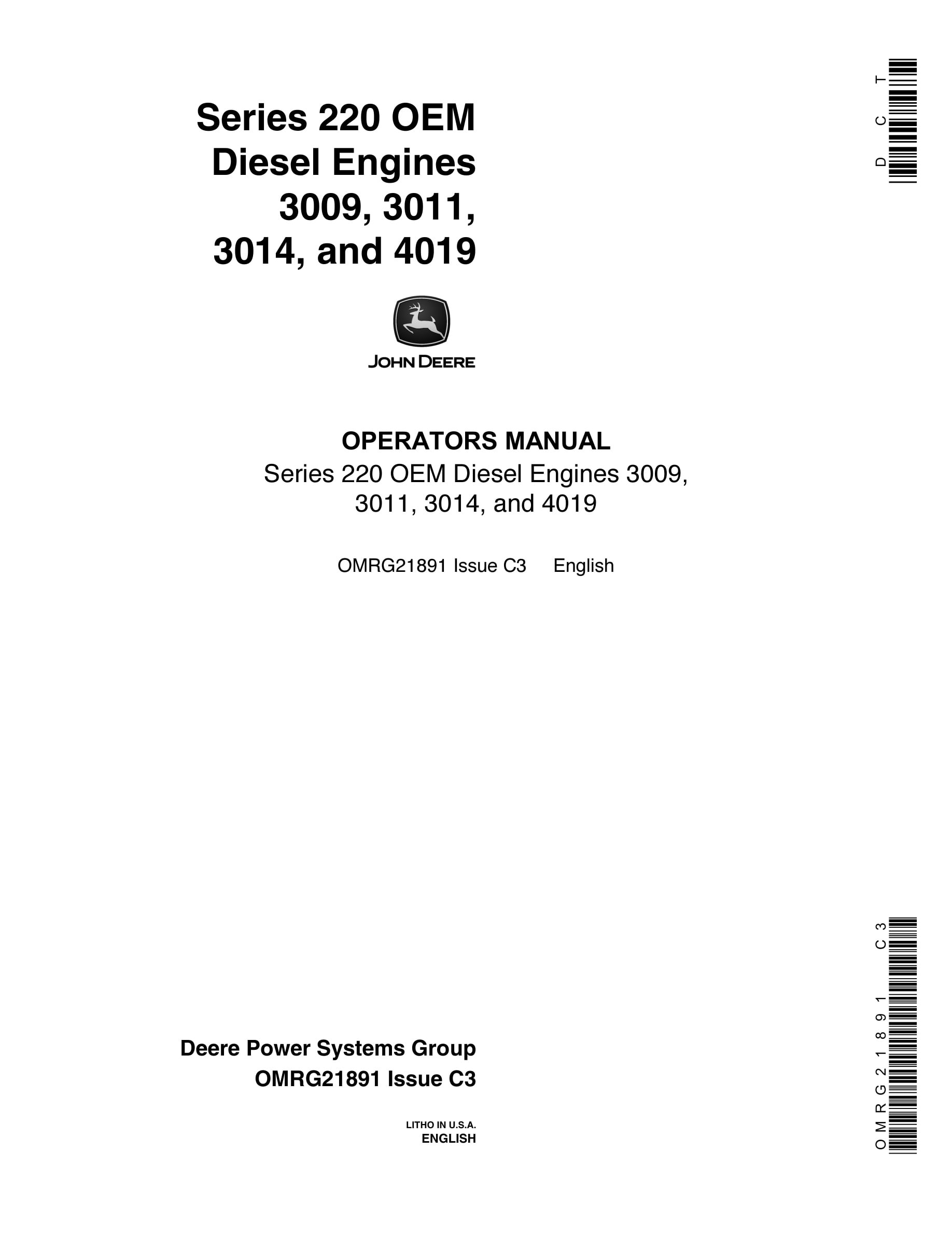 John Deere PowerTech Series 220 OEM 3009 3011 3014 4019 Diesel Engines Operator Manual OMRG21891-1