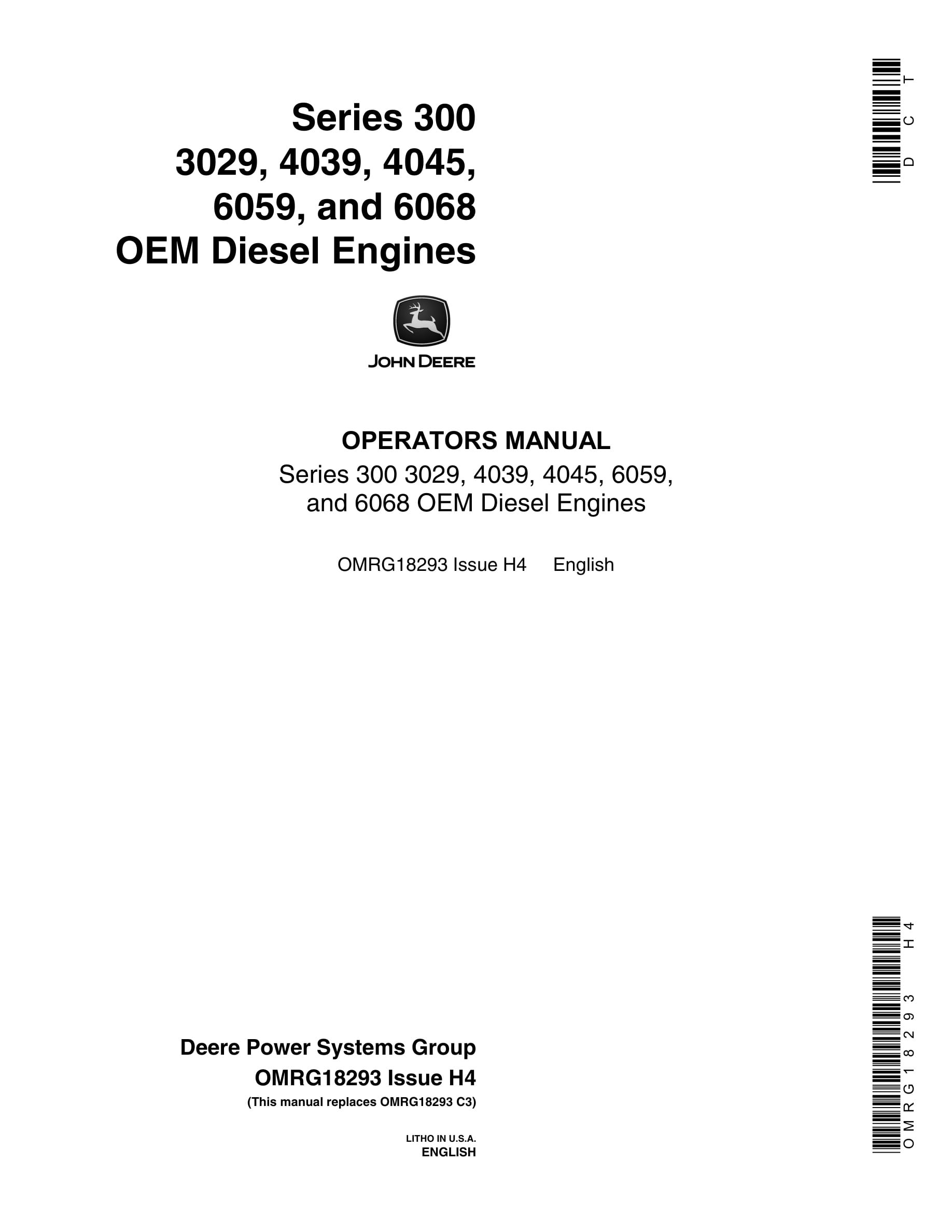 John Deere PowerTech Series 300 3029, 4039, 4045, 6059, and 6068 OEM Diesel Engines Operator Manual OMRG18293-1