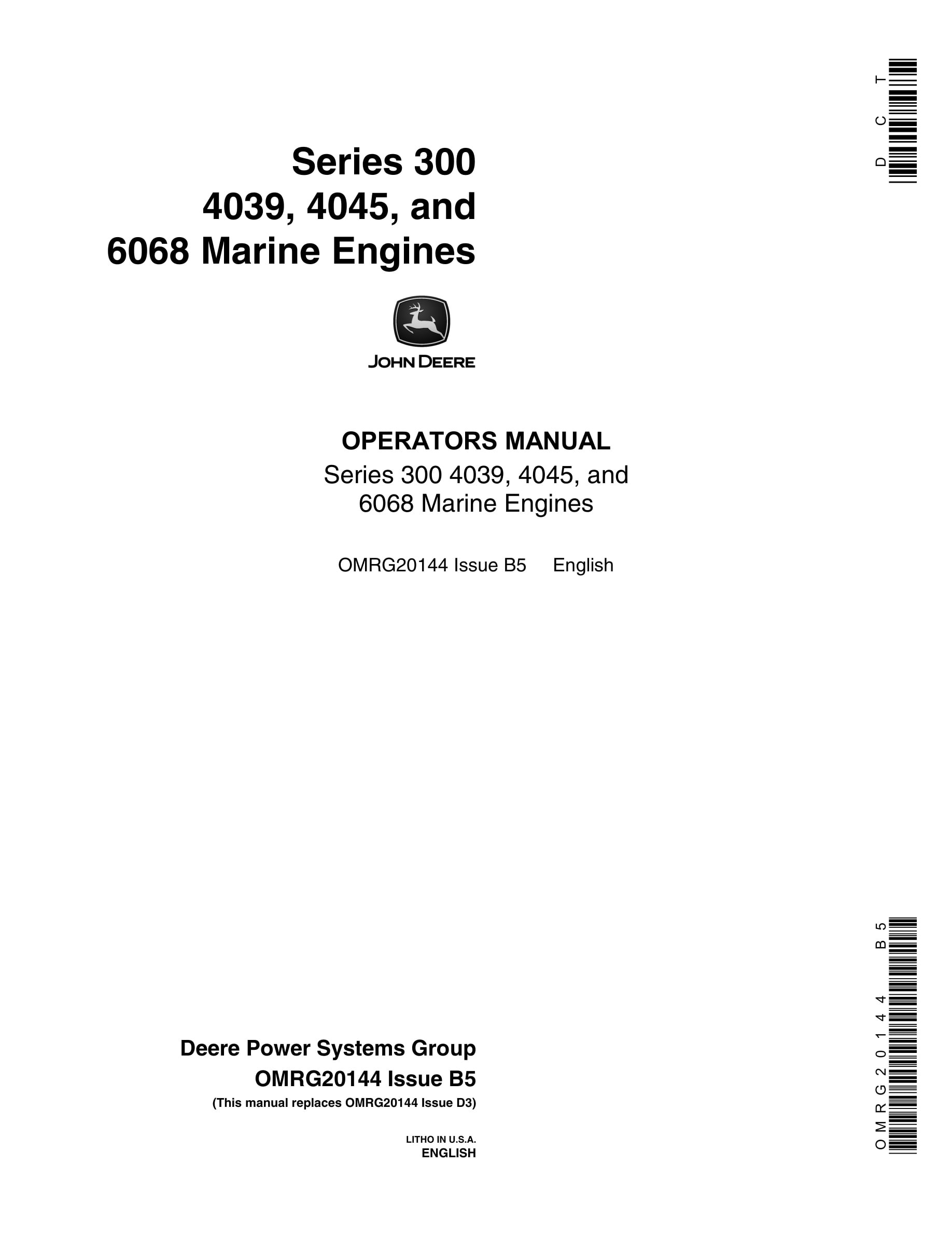 John Deere PowerTech Series 300 4039, 4045, and 6068 Marine Engines Operator Manual OMRG20144-1