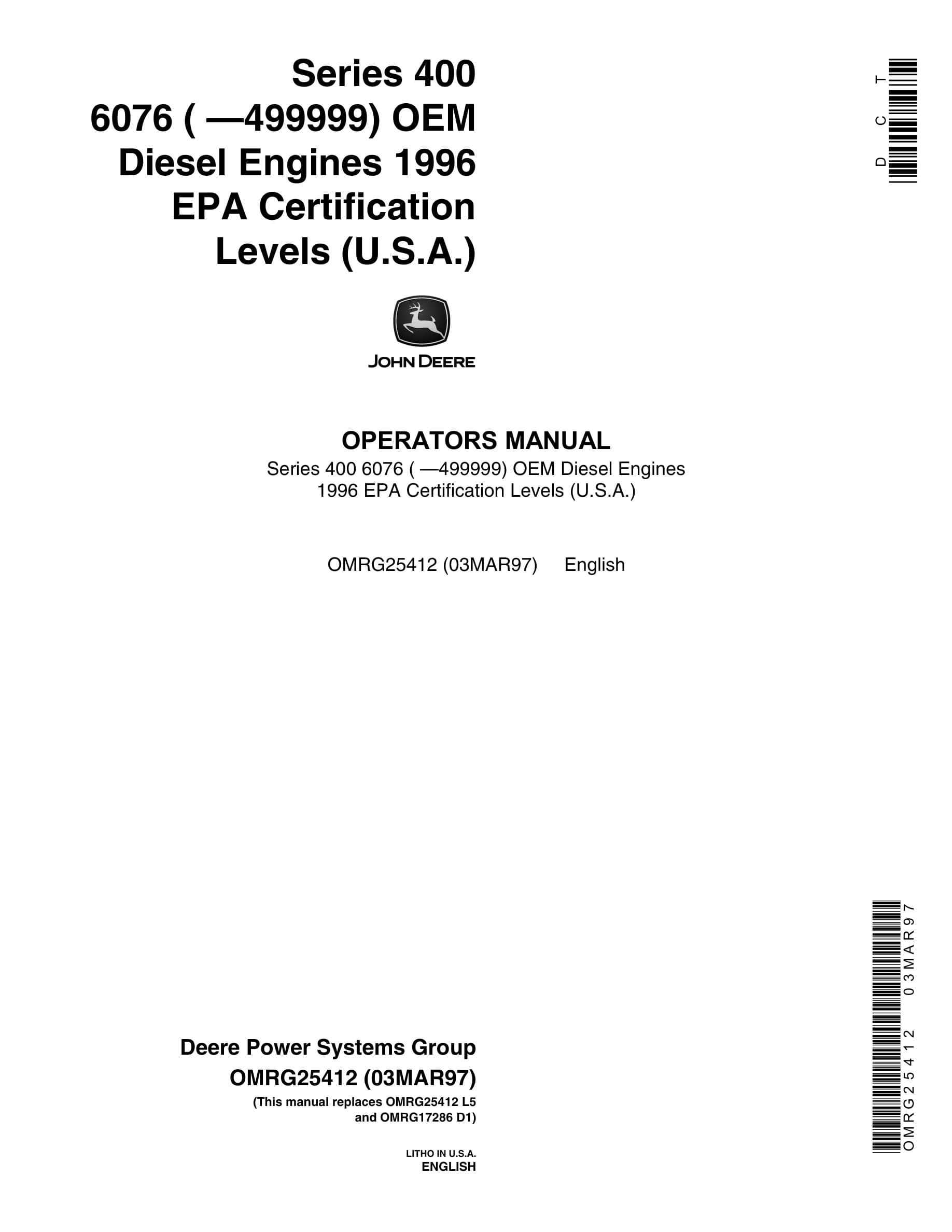 John Deere PowerTech Series 400 6076 OEM Diesel Engines Operator Manual OMRG25412-1