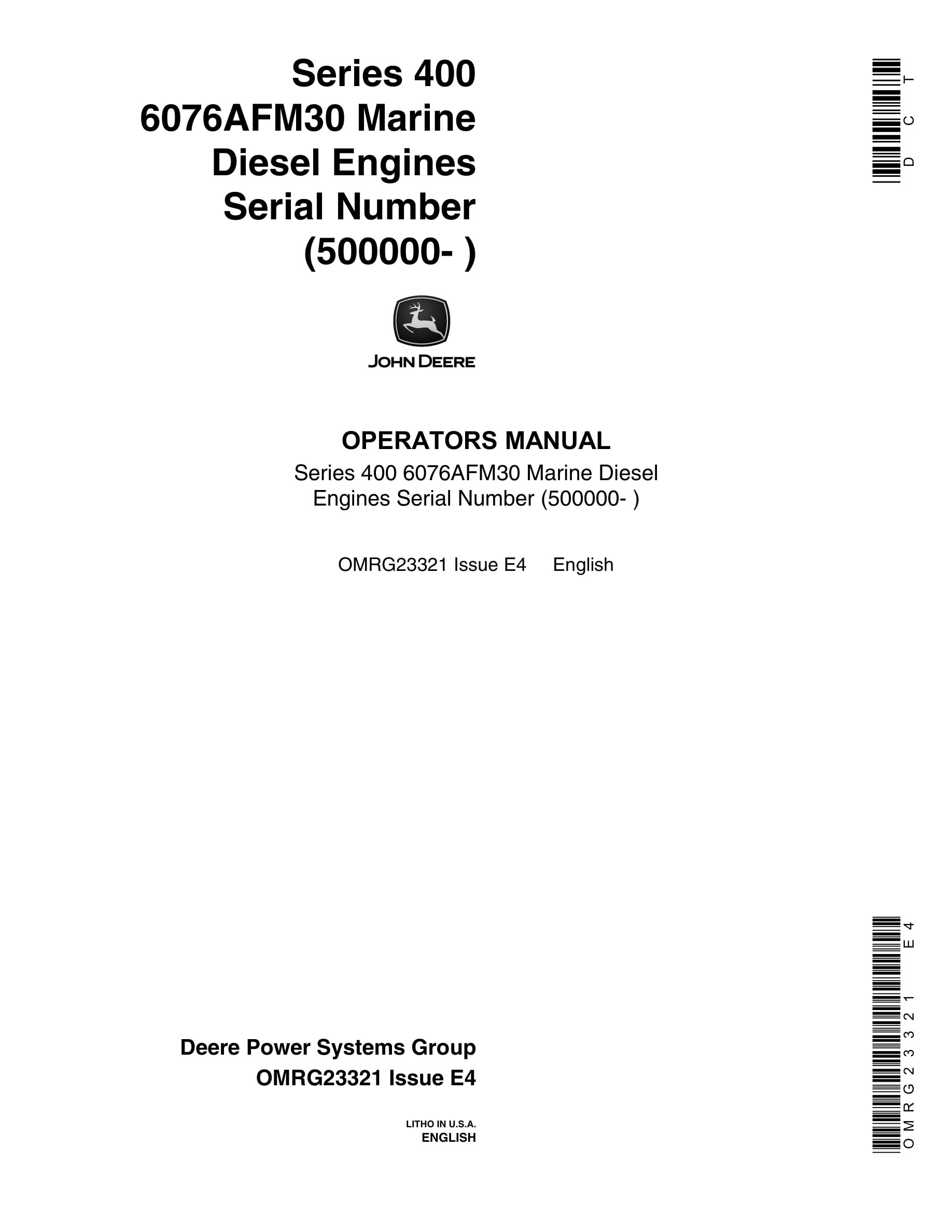 John Deere PowerTech Series 400 6076AFM30 Marine Diesel Engines Operator Manual OMRG23321-1