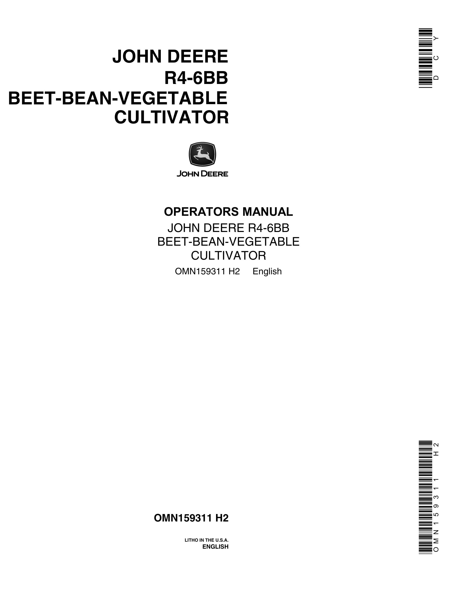 John Deere R4-6BB BEET-BEAN-VEGETABLE CULTIVATOR Operator Manual OMN159311-1