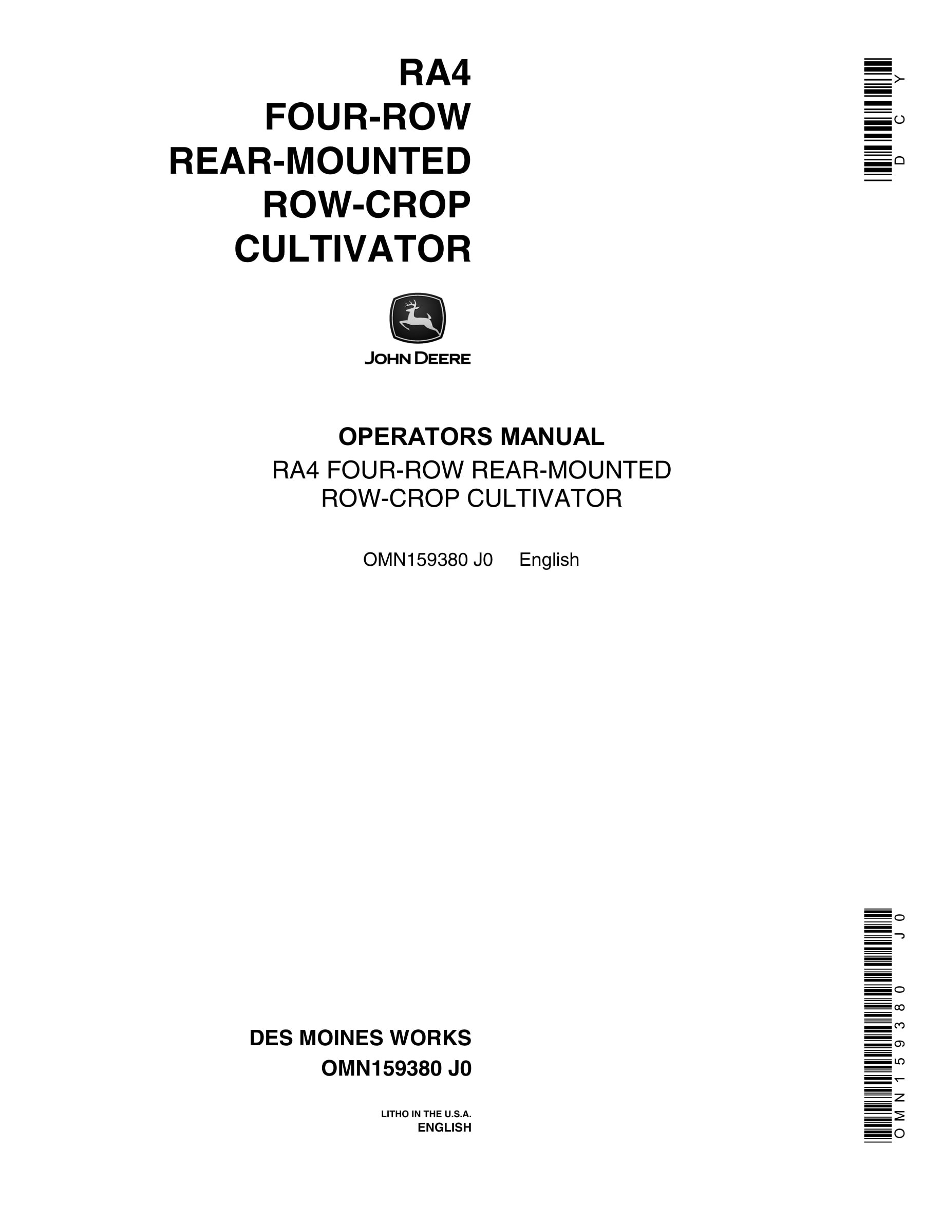 John Deere RA4 FOUR-ROW REAR-MOUNTED ROW-CROP CULTIVATOR Operator Manual OMN159380-1