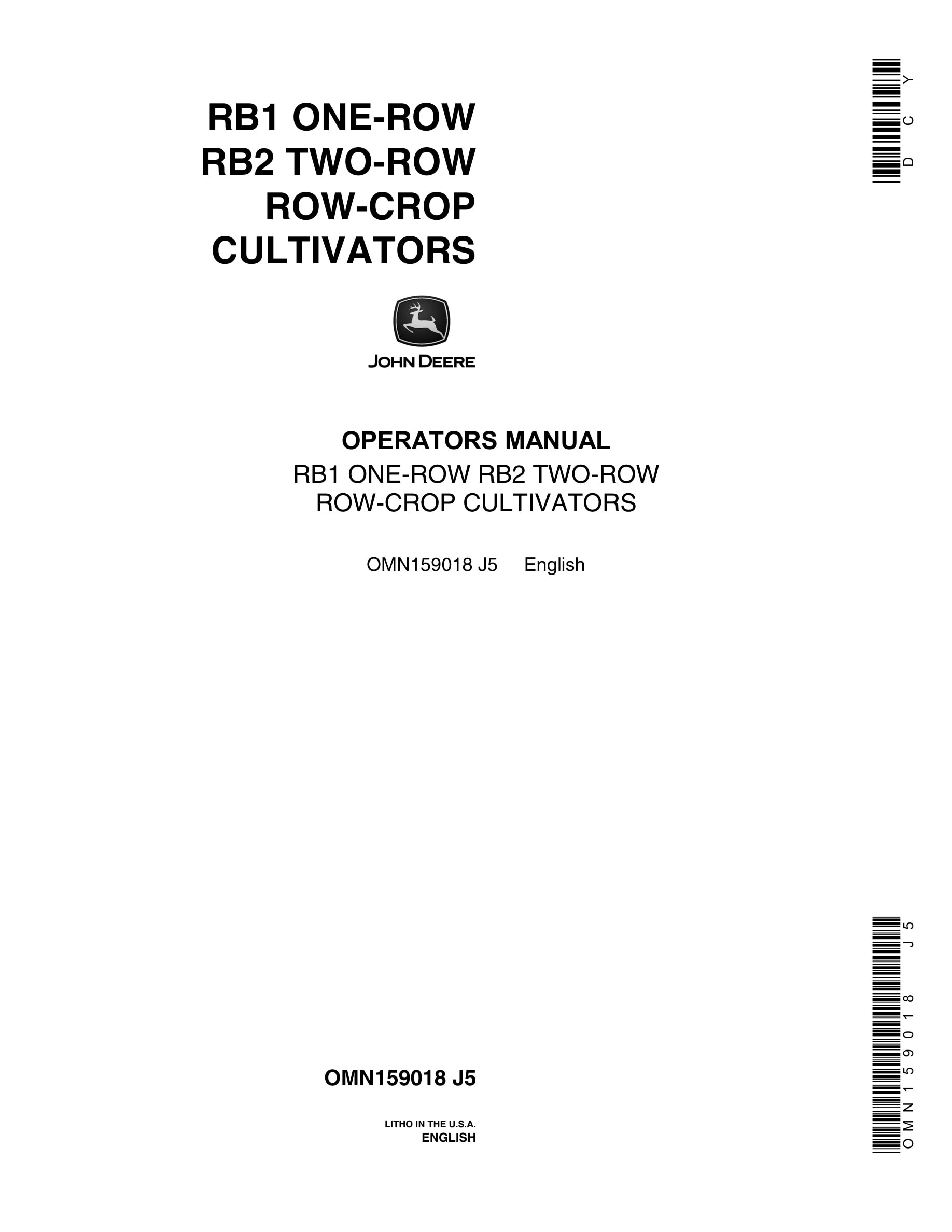 John Deere RB1 ONE-ROW RB2 TWO-ROW ROW-CROP CULTIVATOR Operator Manual OMN159018-1