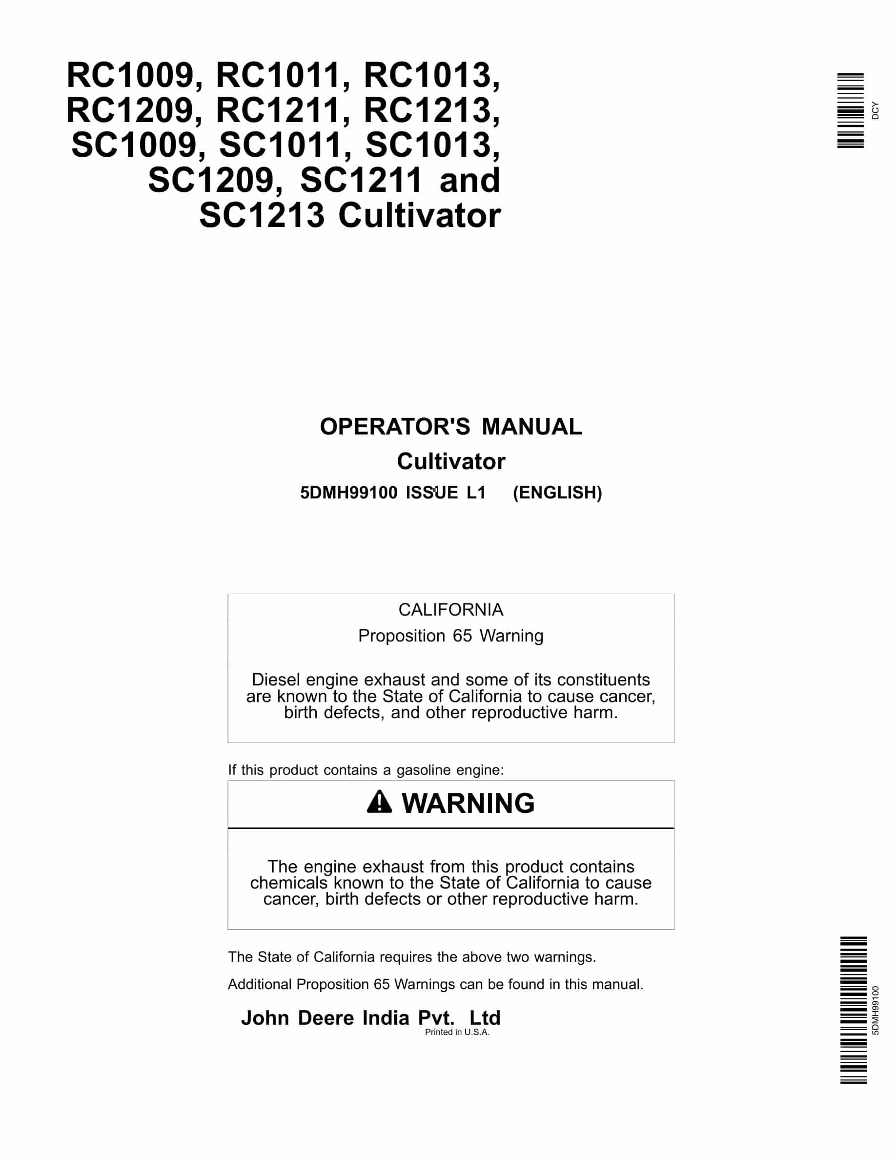 John Deere RC1009, RC1011, RC1013, RC1209, RC1211, RC1213, SC1009, SC1011, SC1013, SC1209, SC1211 and SC1213 CULTIVATOR Operator Manual 5DMH99100-1