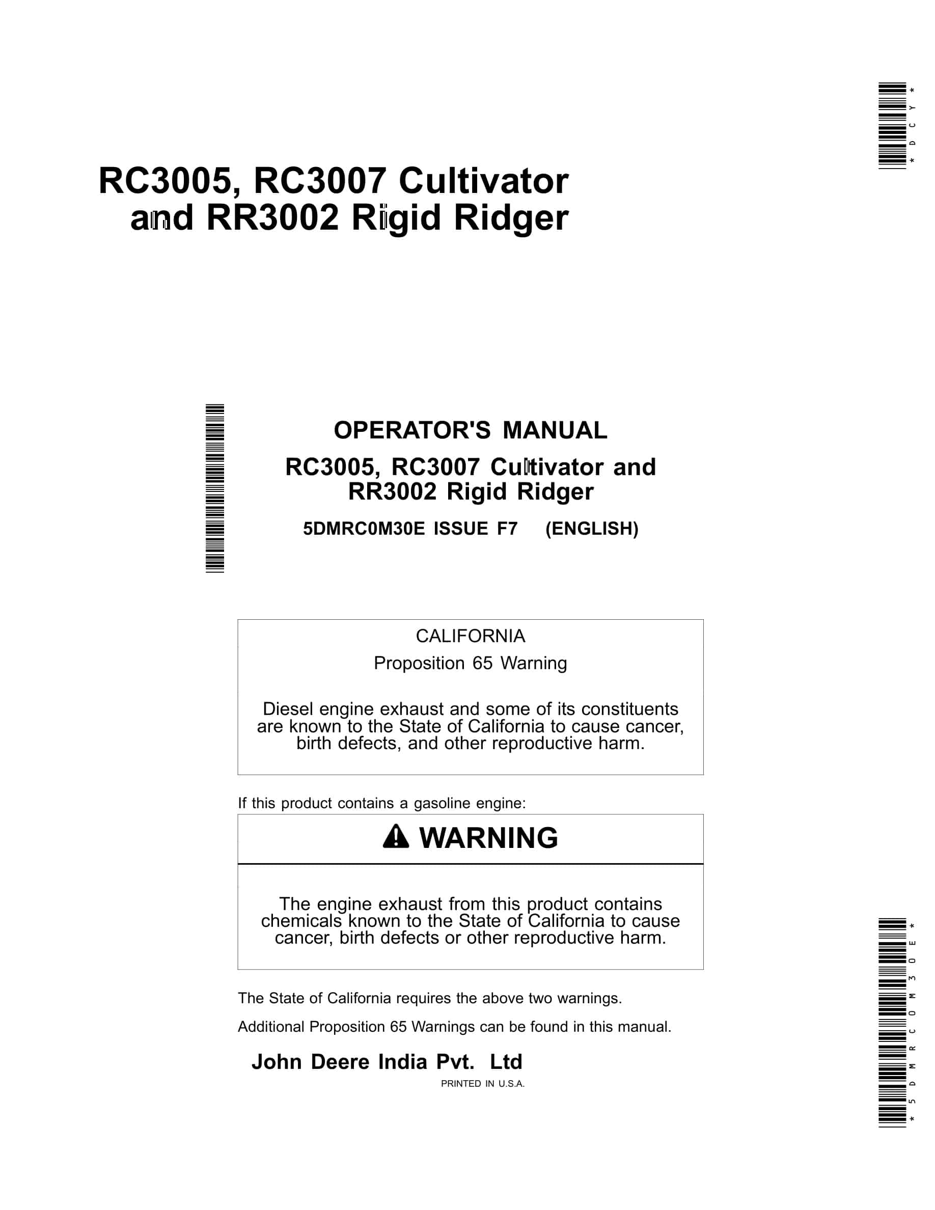 John Deere RC3005, RC3007 CULTIVATOR and RR3002 Rigid Ridger Operator Manual 5DMRC0M30E-1