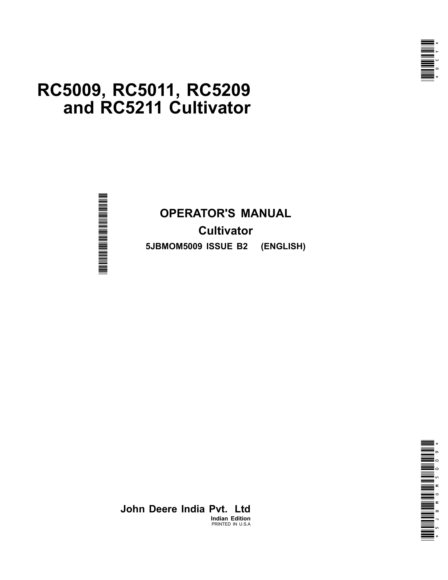 John Deere RC5009, RC5011, RC5209 and RC5211 CULTIVATOR Operator Manual 5JBMOM5009-1