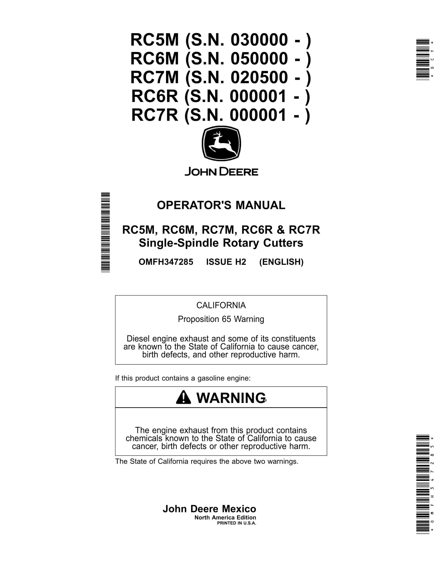 John Deere RC5M, RC6M, RC7M, RC6R & RC7R Single-Spindle Rotary Cutter Operator Manual OMFH347285-1