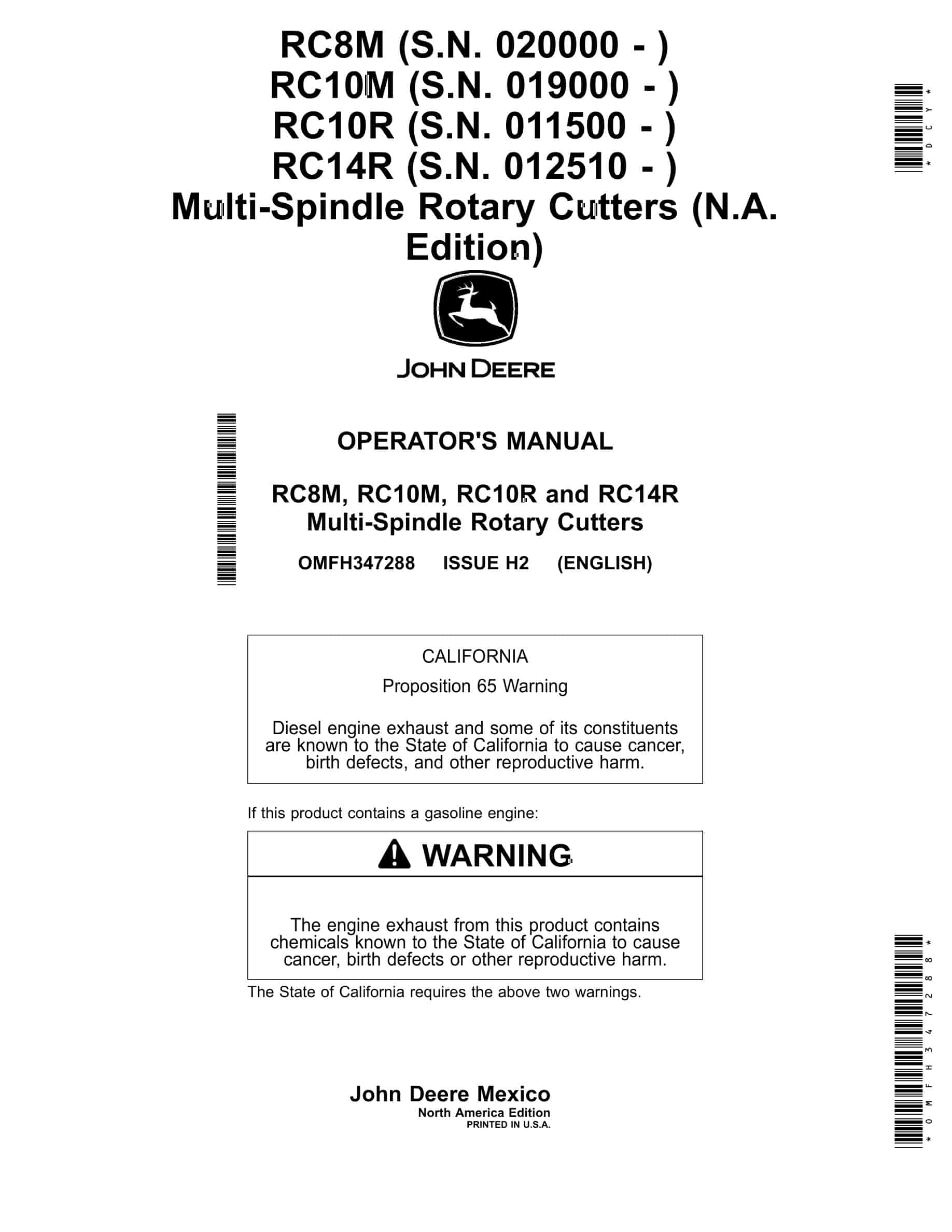 John Deere RC8M, RC10M, RC10R and RC14R Multi-Spindle Rotary Cutter Operator Manual OMFH347288-1