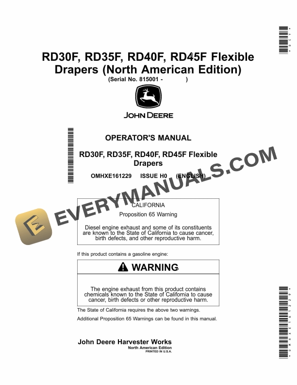 John Deere RD30F, RD35F, RD40F, RD45F Flexible Drapers Operator Manual OMHXE161229-1