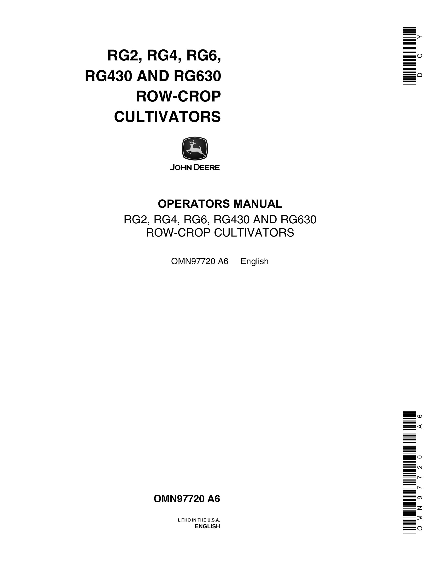 John Deere RG2, RG4, RG6, RG430 AND RG630 ROW-CROP CULTIVATOR Operator Manual OMN97720-1