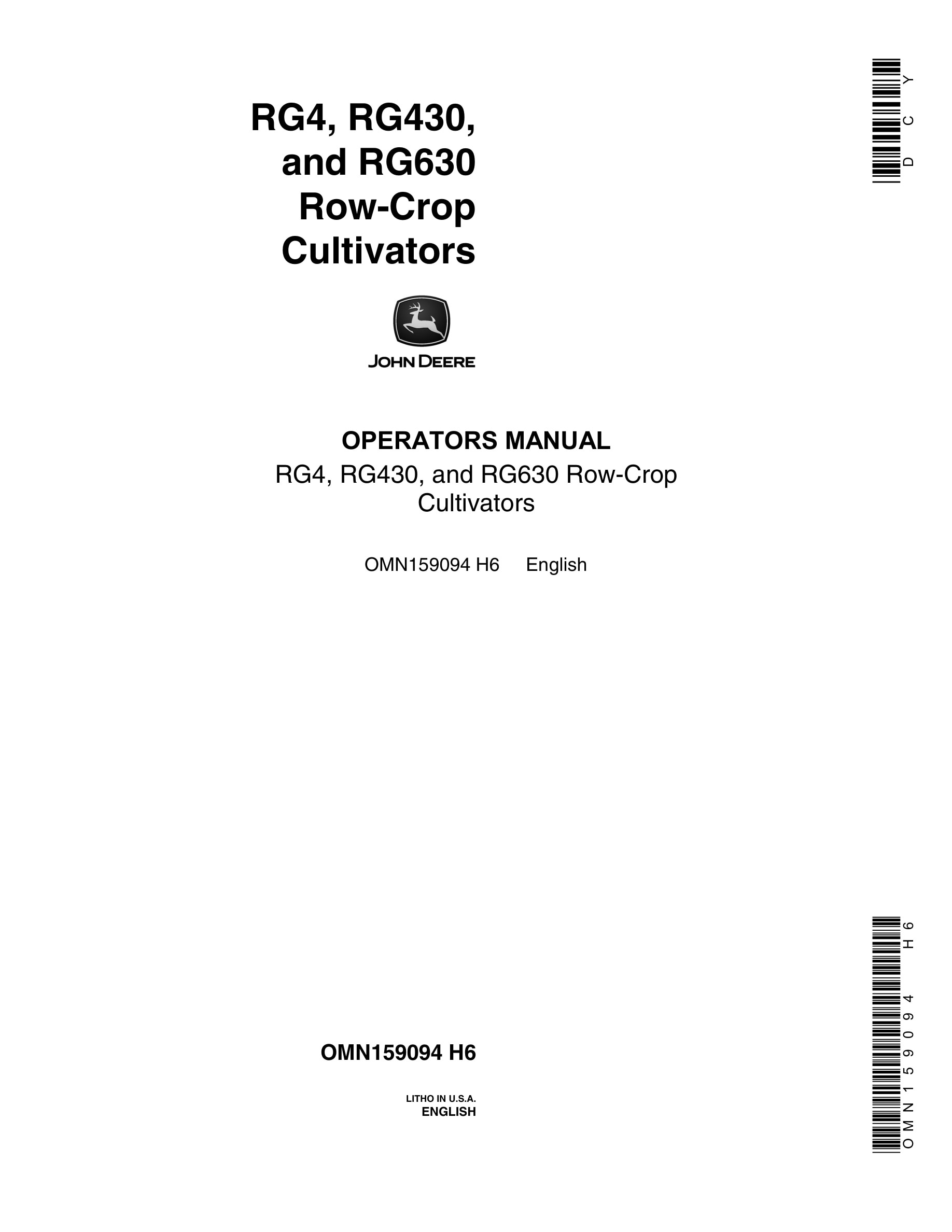 John Deere RG4, RG430, and RG630 Row-Crop CULTIVATOR Operator Manual OMN159094-1