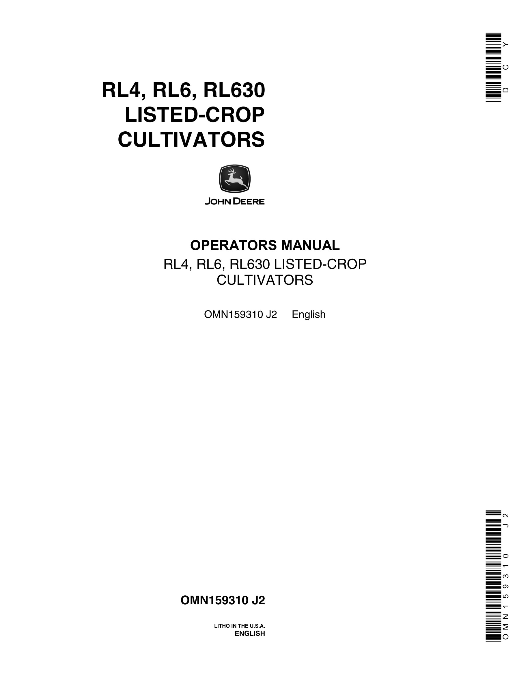 John Deere RL4, RL6, RL630 LISTED-CROP CULTIVATOR Operator Manual OMN159310-1