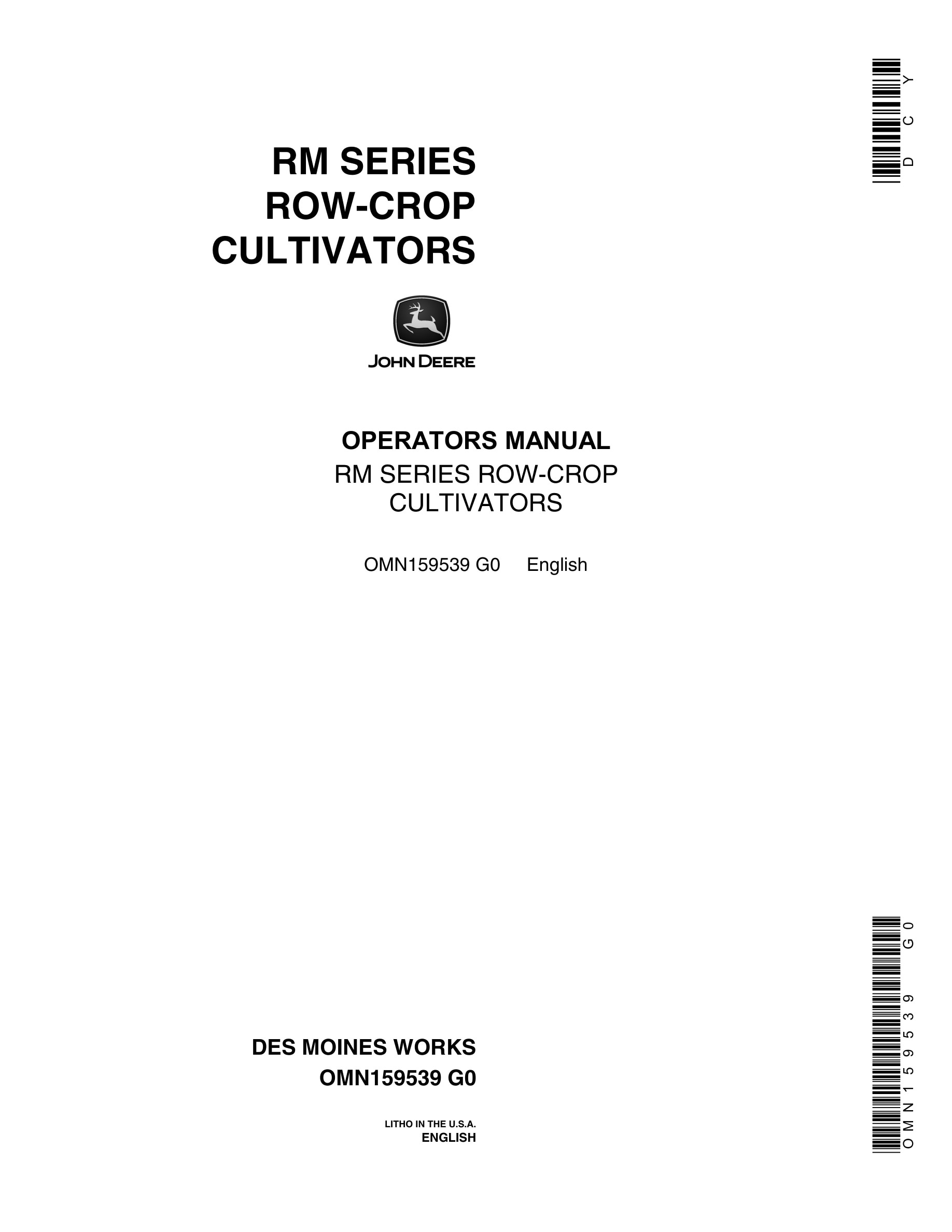 John Deere RM SERIES ROW-CROP CULTIVATOR Operator Manual OMN159539-1