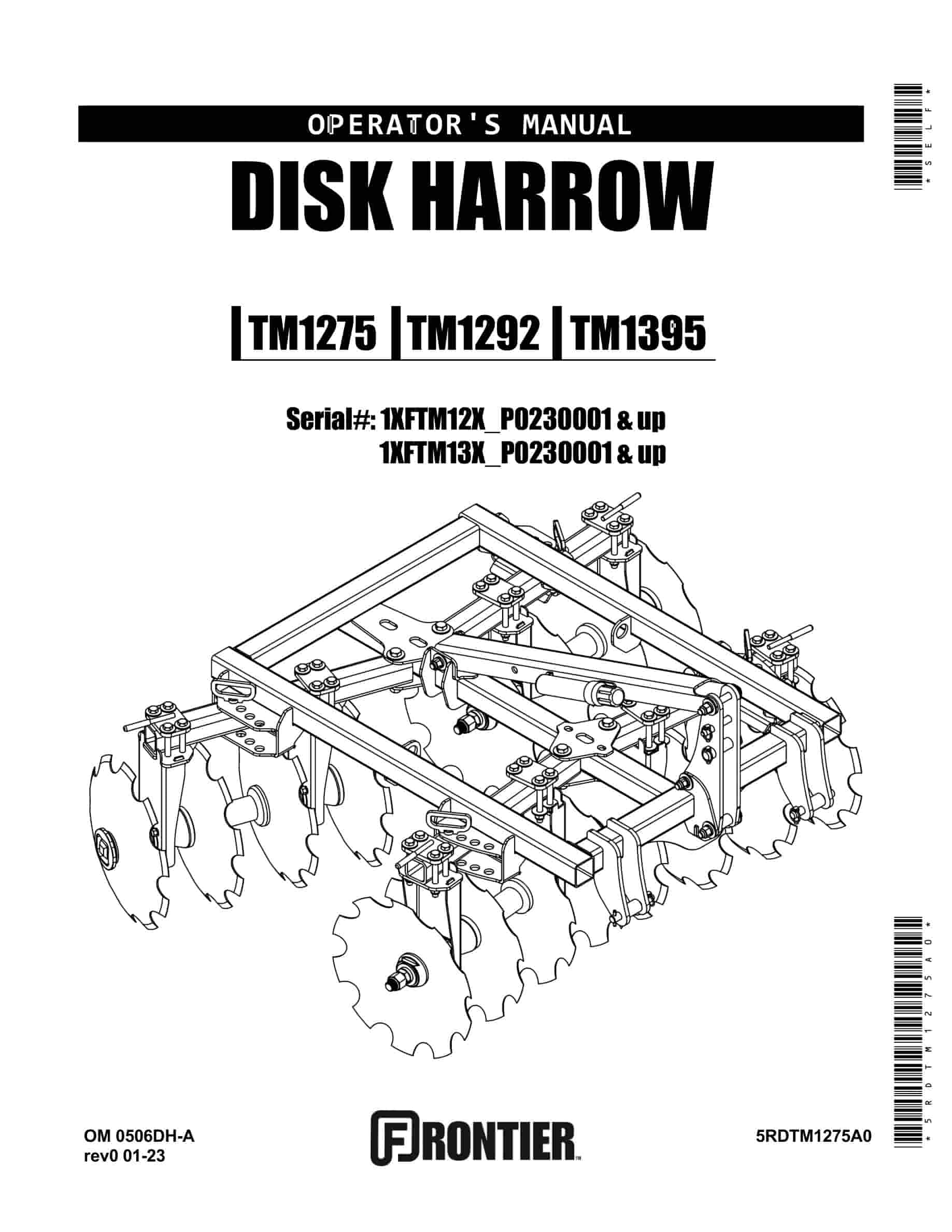 John Deere TM1275 TM1292 TM1395 DISK HARROW Operator Manual 5RDTM1275A0-1