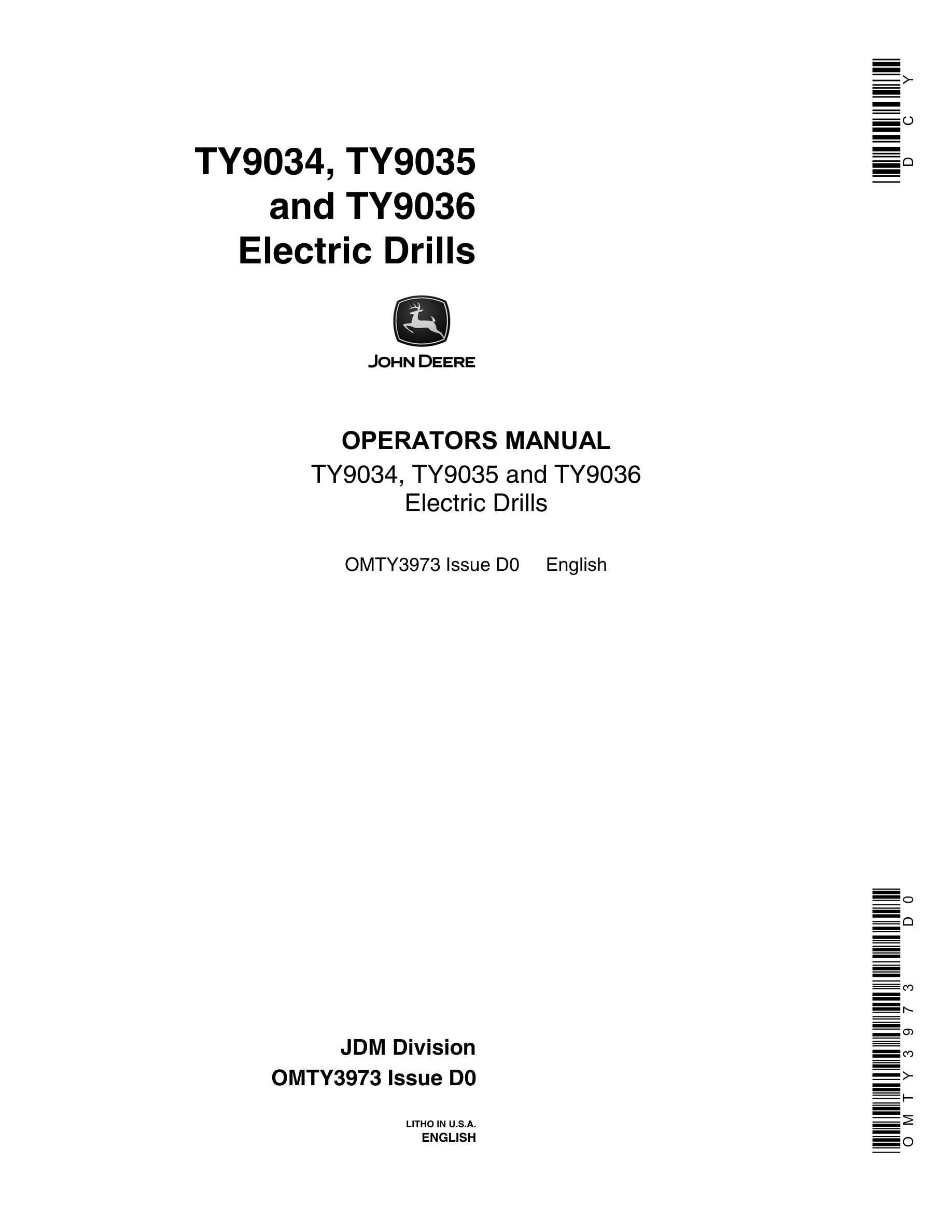 John Deere TY9034, TY9035 and TY9036 Electric Drill Operator Manual OMTY3973-1