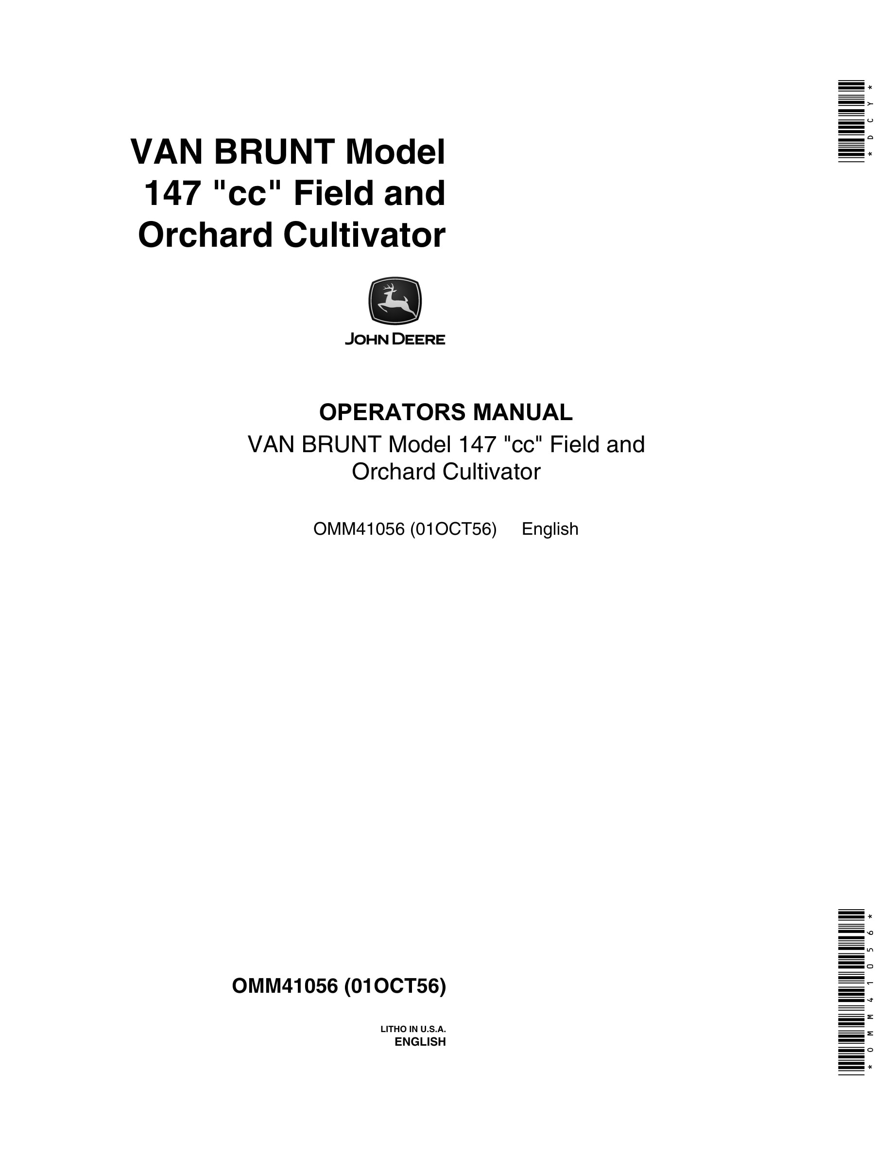 John Deere VAN BRUNT Model 147 cc Field and Orchard CULTIVATOR Operator Manual OMM41056-1