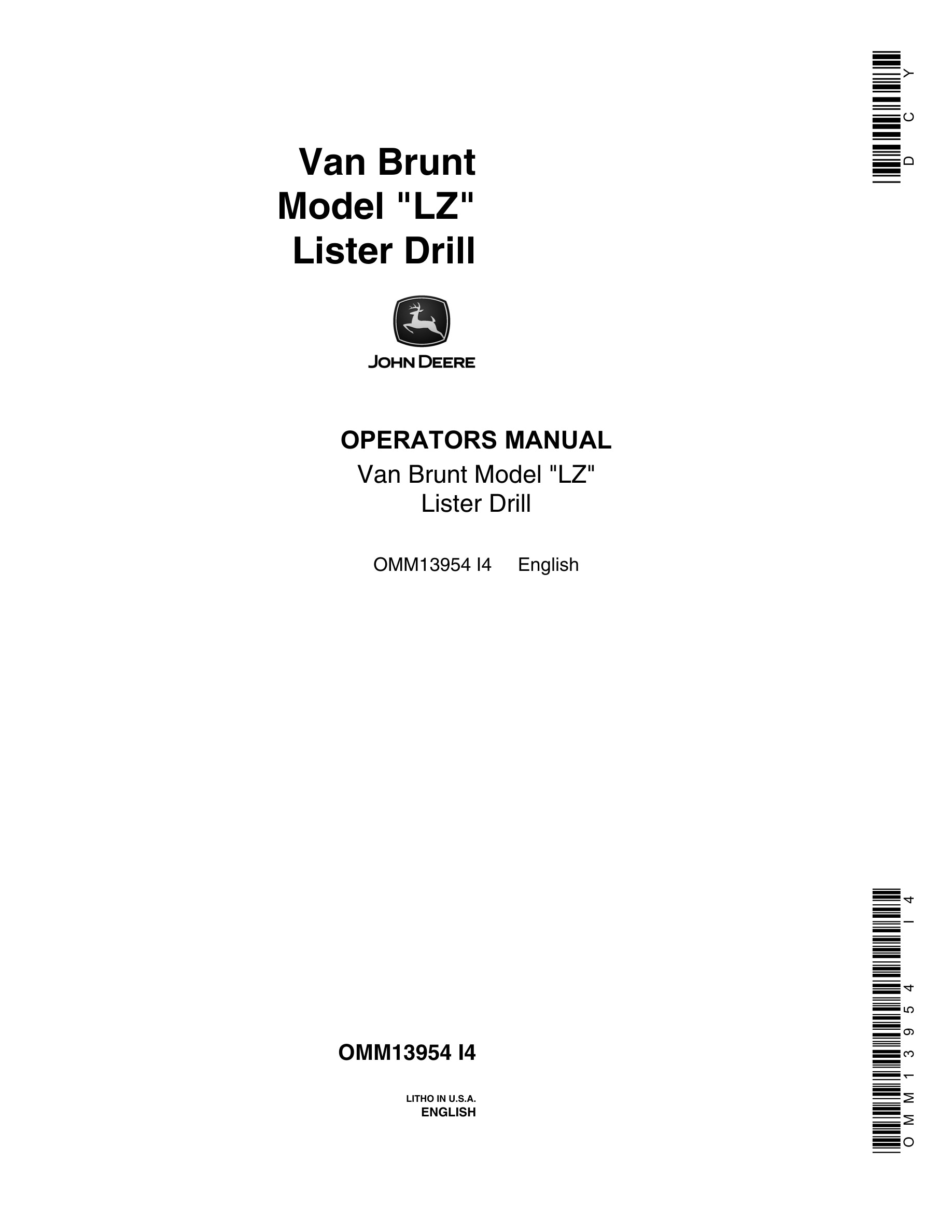 John Deere Van Brunt Model LZ Lister Drill Operator Manual OMM13954-1