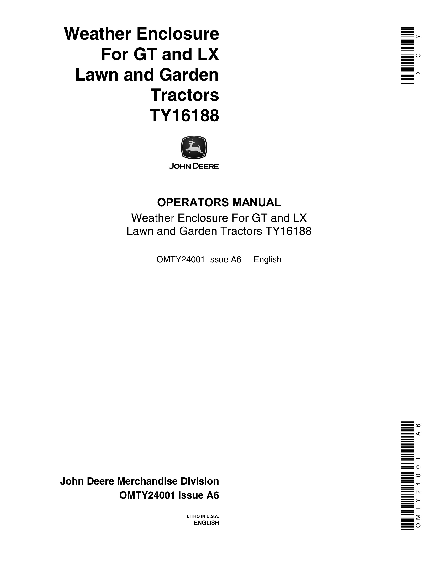 John Deere Weather Enclosure For Gt And Lx Lawn And Garden Tractors Operator Manuals OMTY24001-1