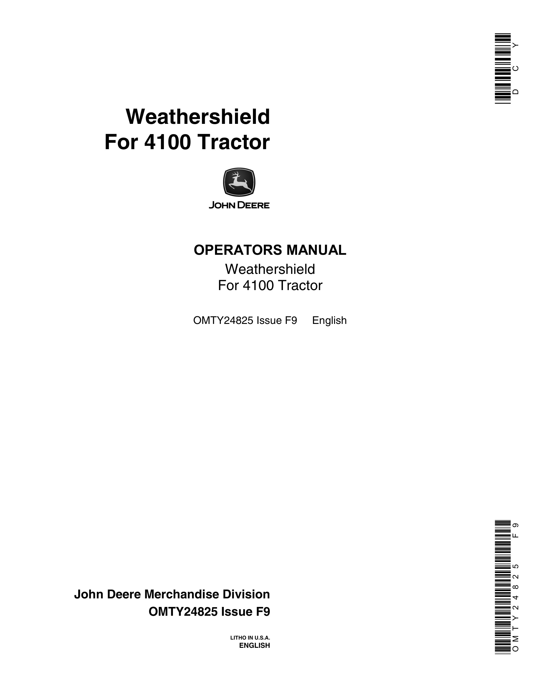 John Deere Weathershield For 4100 Tractors Operator Manual OMTY24825-1
