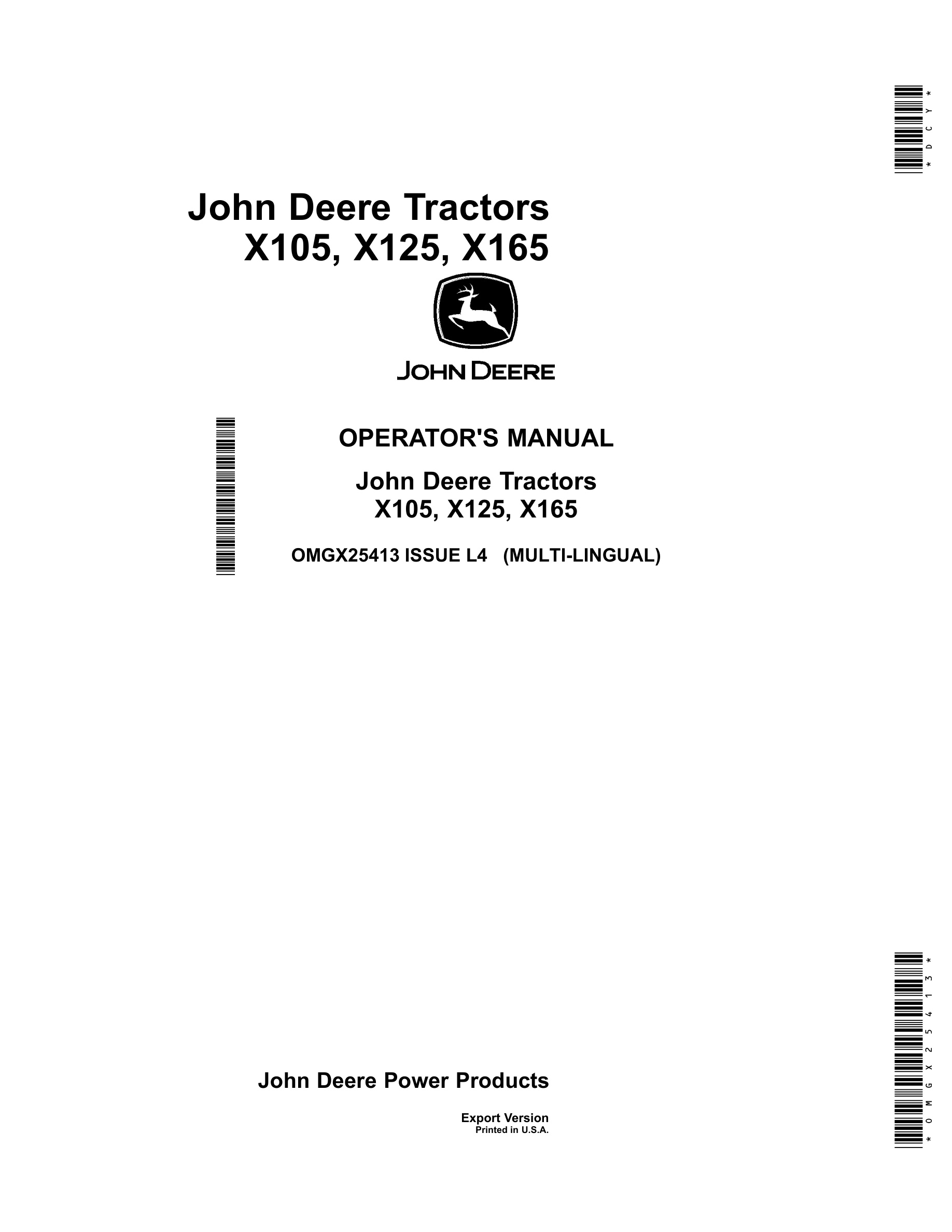 John Deere X105, X125, X165 Tractors Operator Manuals OMGX25413-1