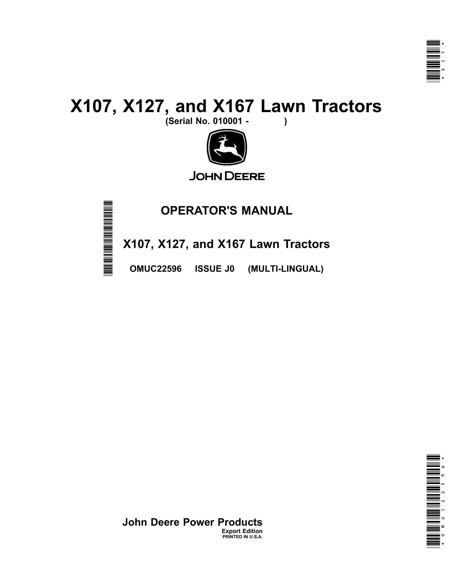 John Deere X107, X127, And X167 Lawn Tractors Operator Manuals OMUC22596-1