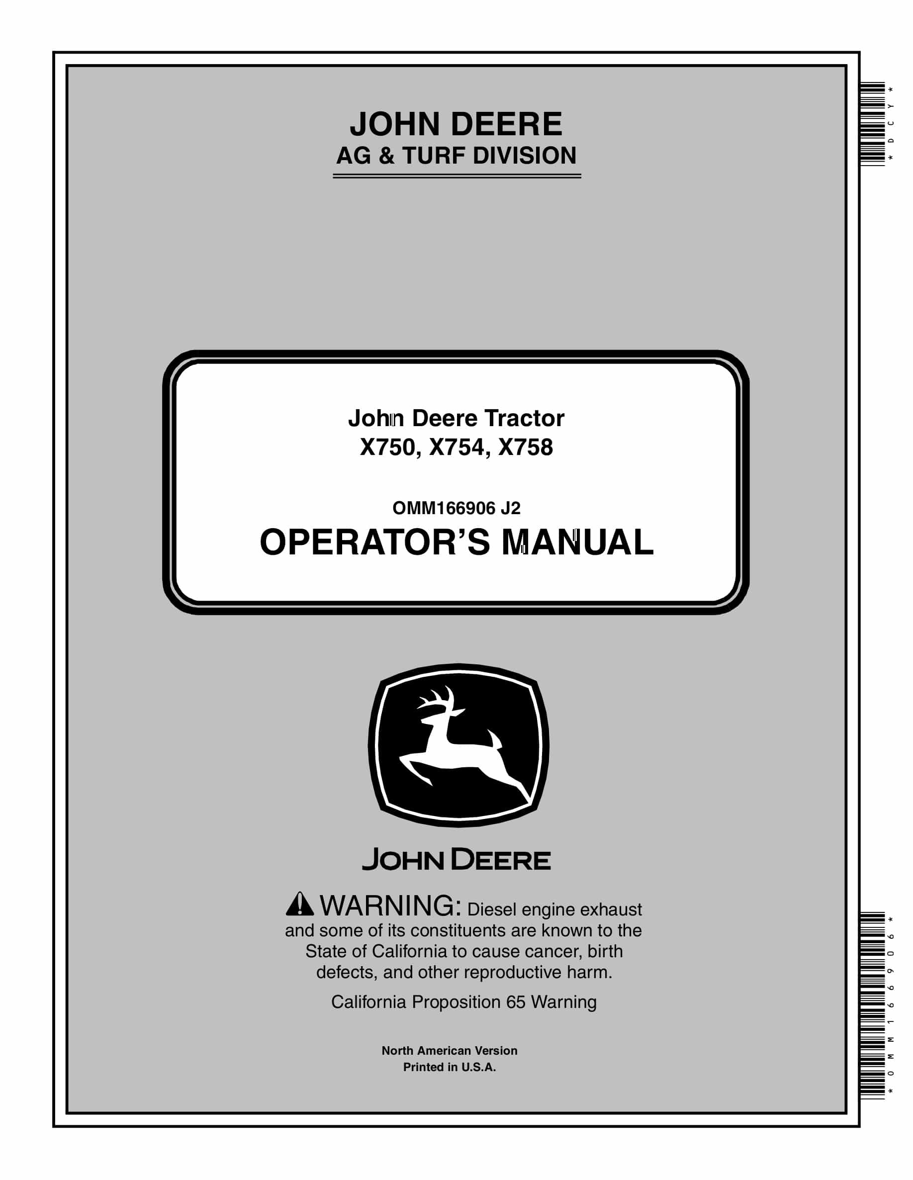 John Deere X750, X754, X758 Tractor Operator Manual OMM166906-1