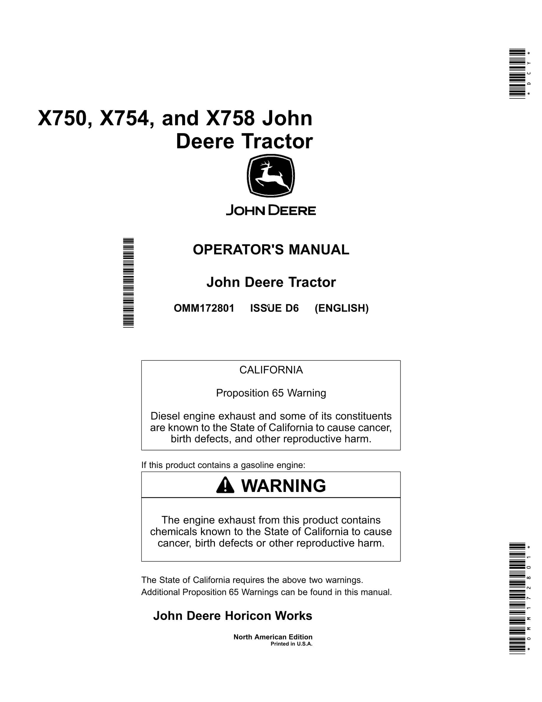 John Deere X750, X754, and X758 Tractor Operator Manual OMM172801-1
