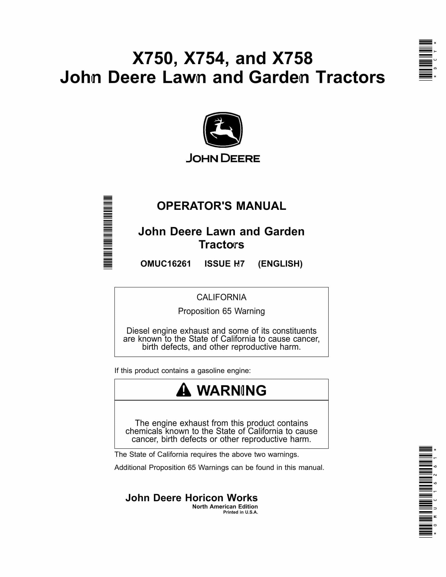 John Deere X750, X754, and X758 Tractor Operator Manual OMUC16261-1