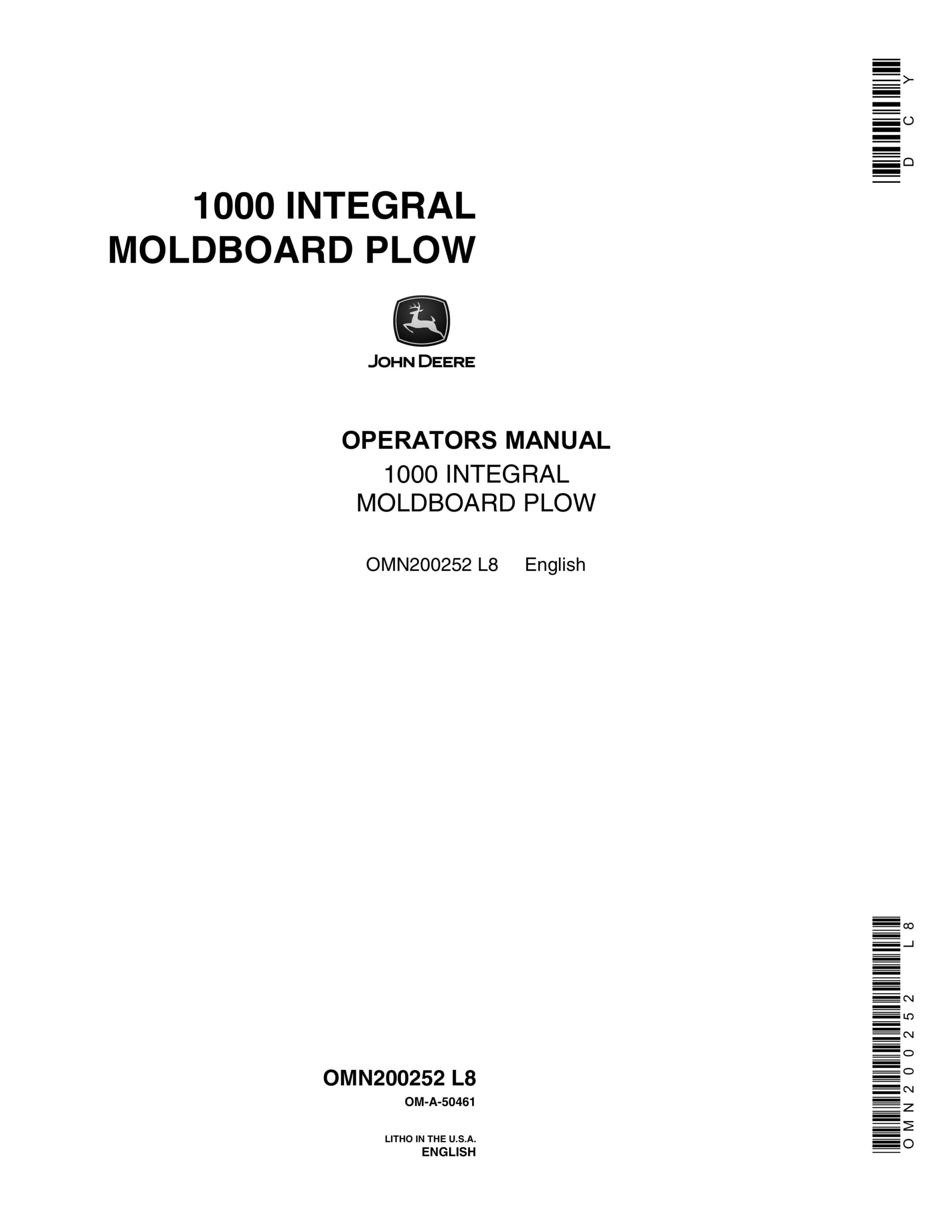 John Deere 1000 INTEGRAL MOLDBOARD PLOW Operator Manual OMN200252-1