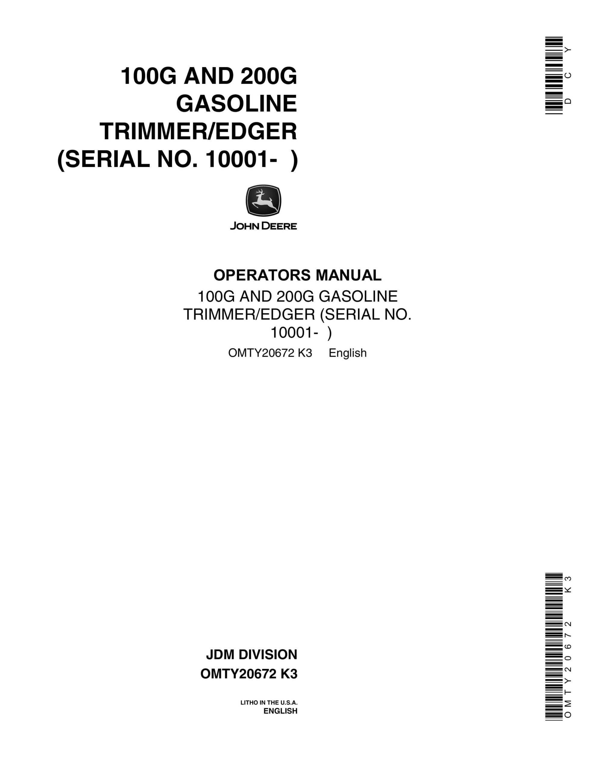 John Deere 100G AND 200G GASOLINE TRIMMER EDGER Operator Manual OMTY20672-1