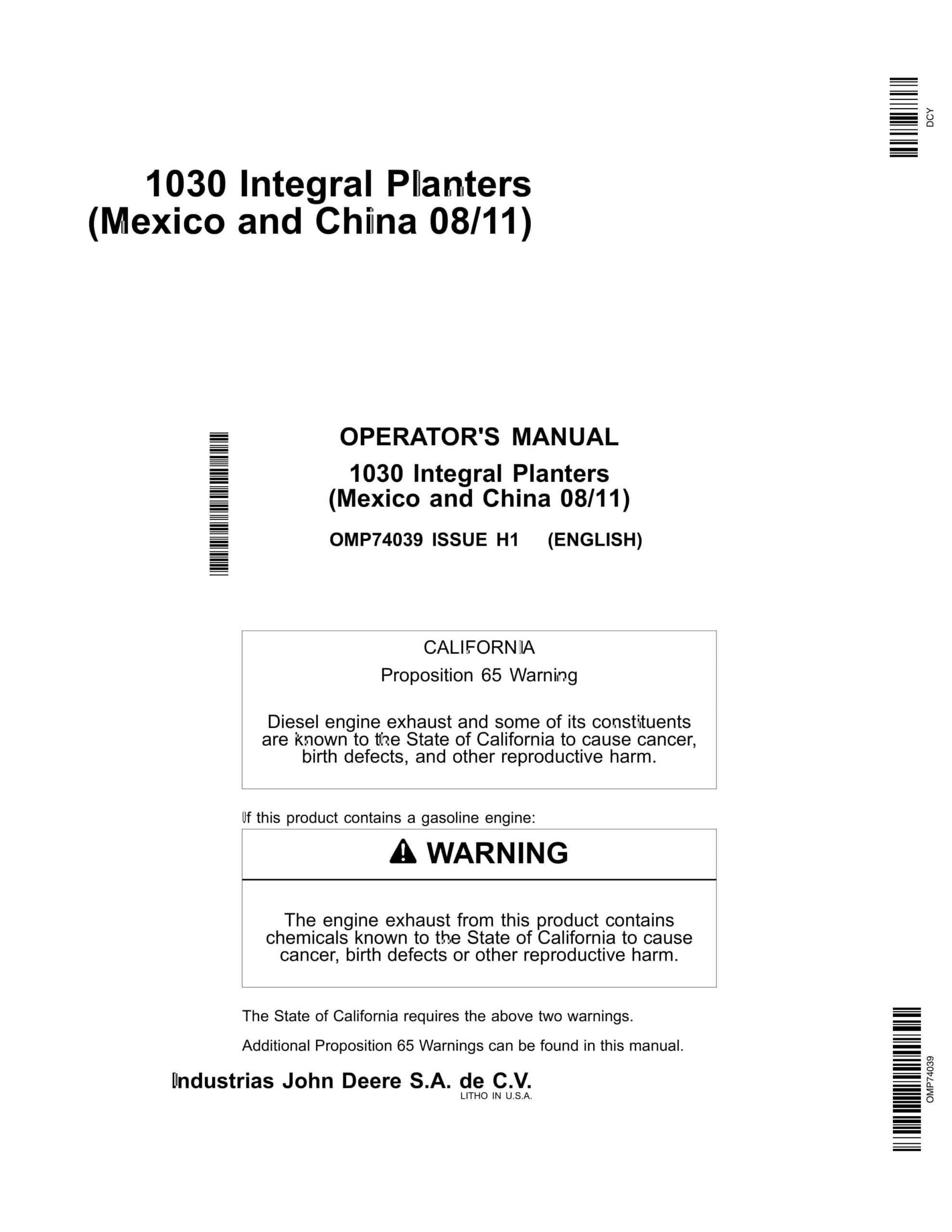 John Deere 1030 Integral Planter Operator Manual OMP74039-1