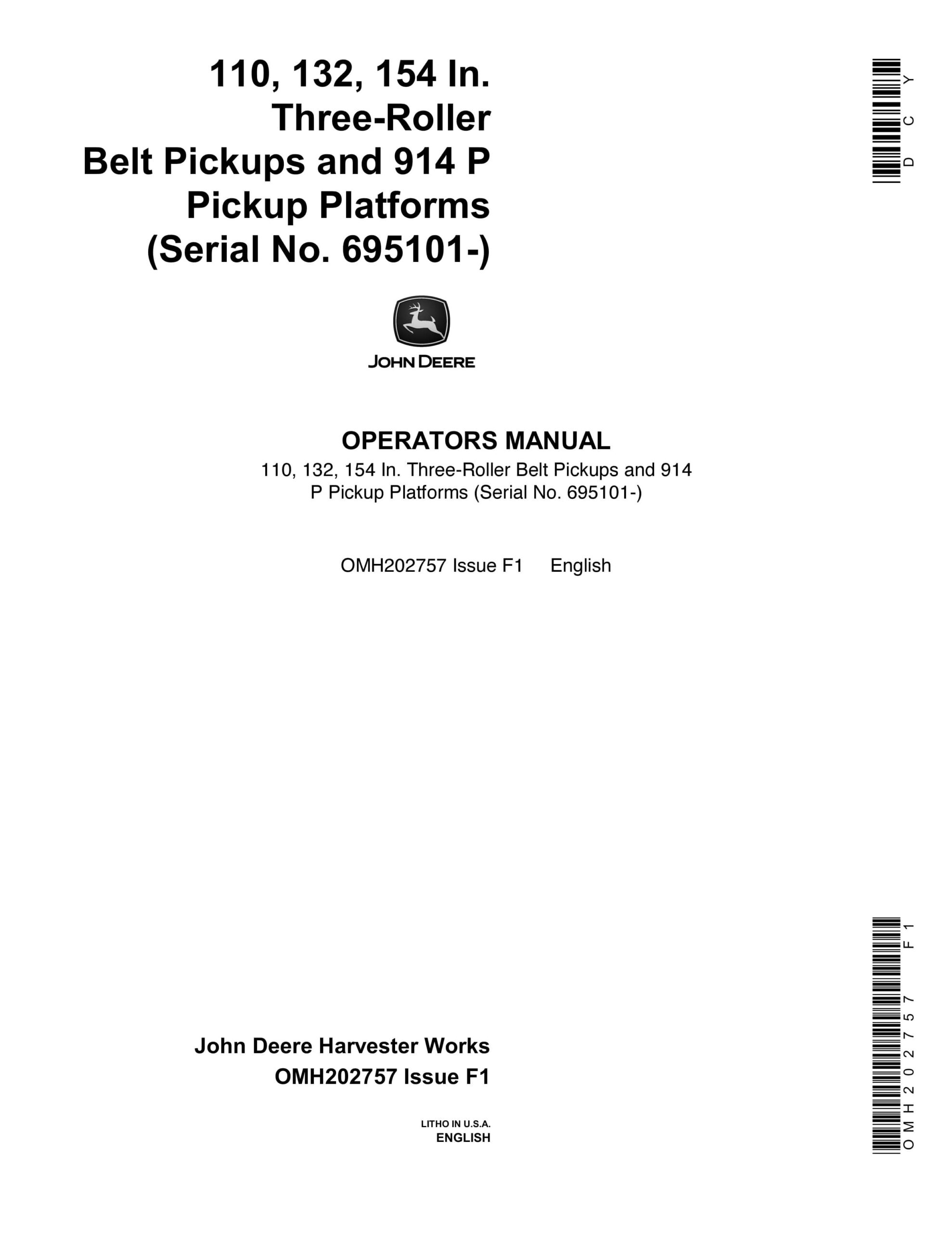 John Deere 110 132 154 In 3-Roller Belt Pickups and 914 P Pickup Platform Operator Manual OMH202757-1