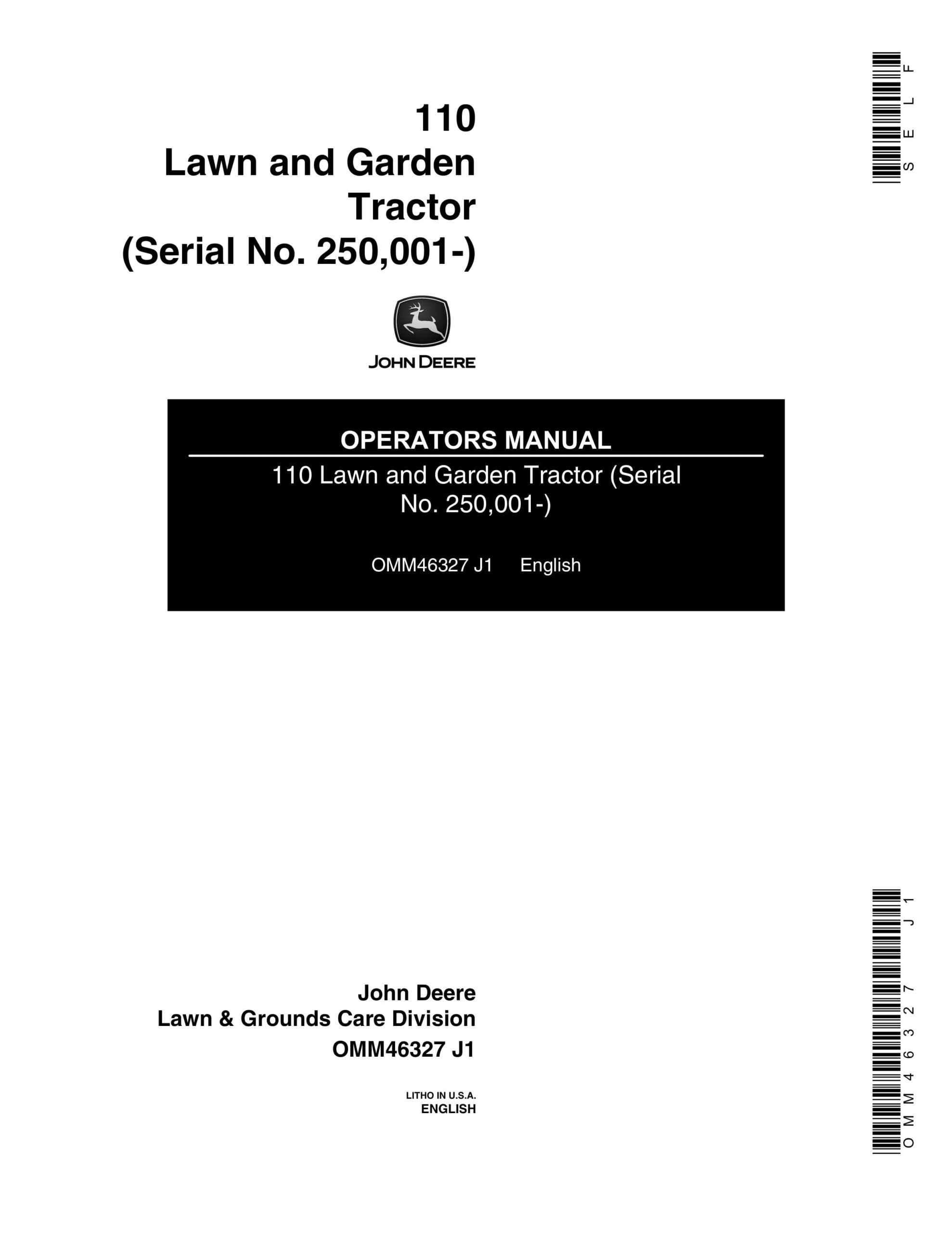 John Deere 110 Lawn and Garden Tractor Operator Manual OMM46327-1