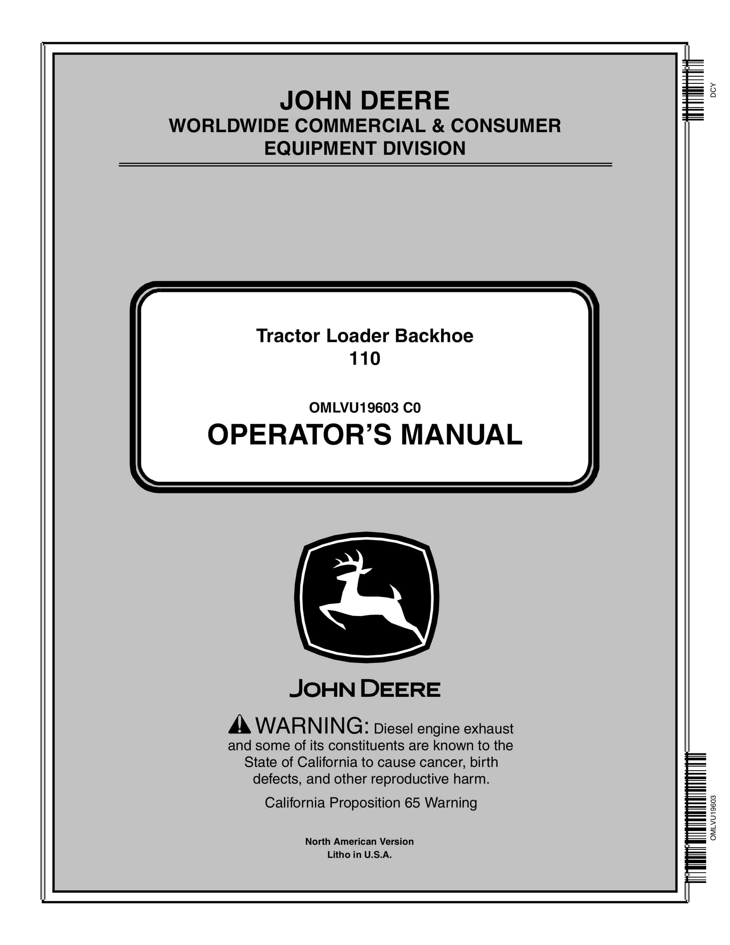 John Deere 110 Tractor Loader Backhoe Operator Manual OMLVU19603-1